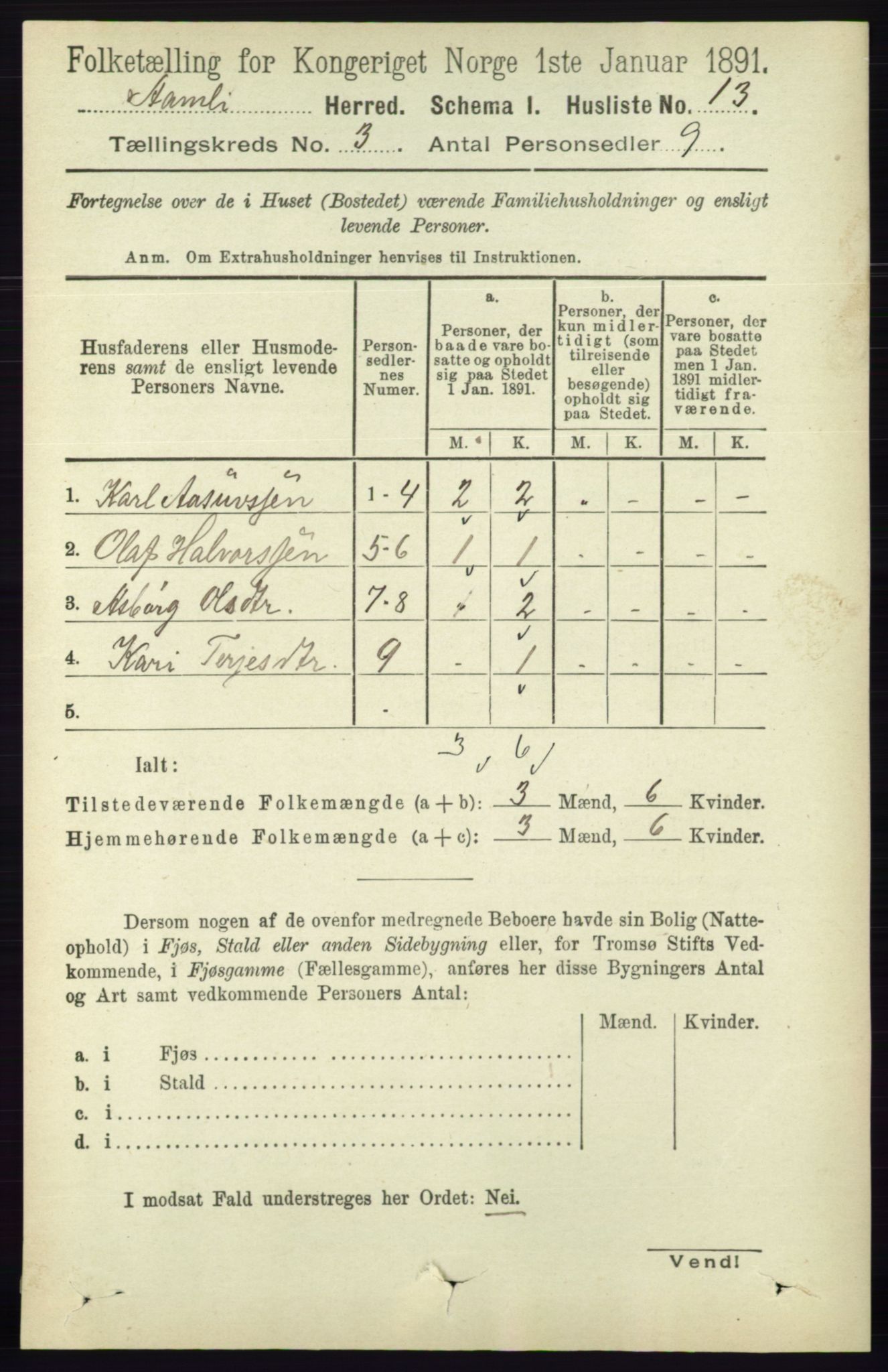 RA, 1891 census for 0929 Åmli, 1891, p. 312