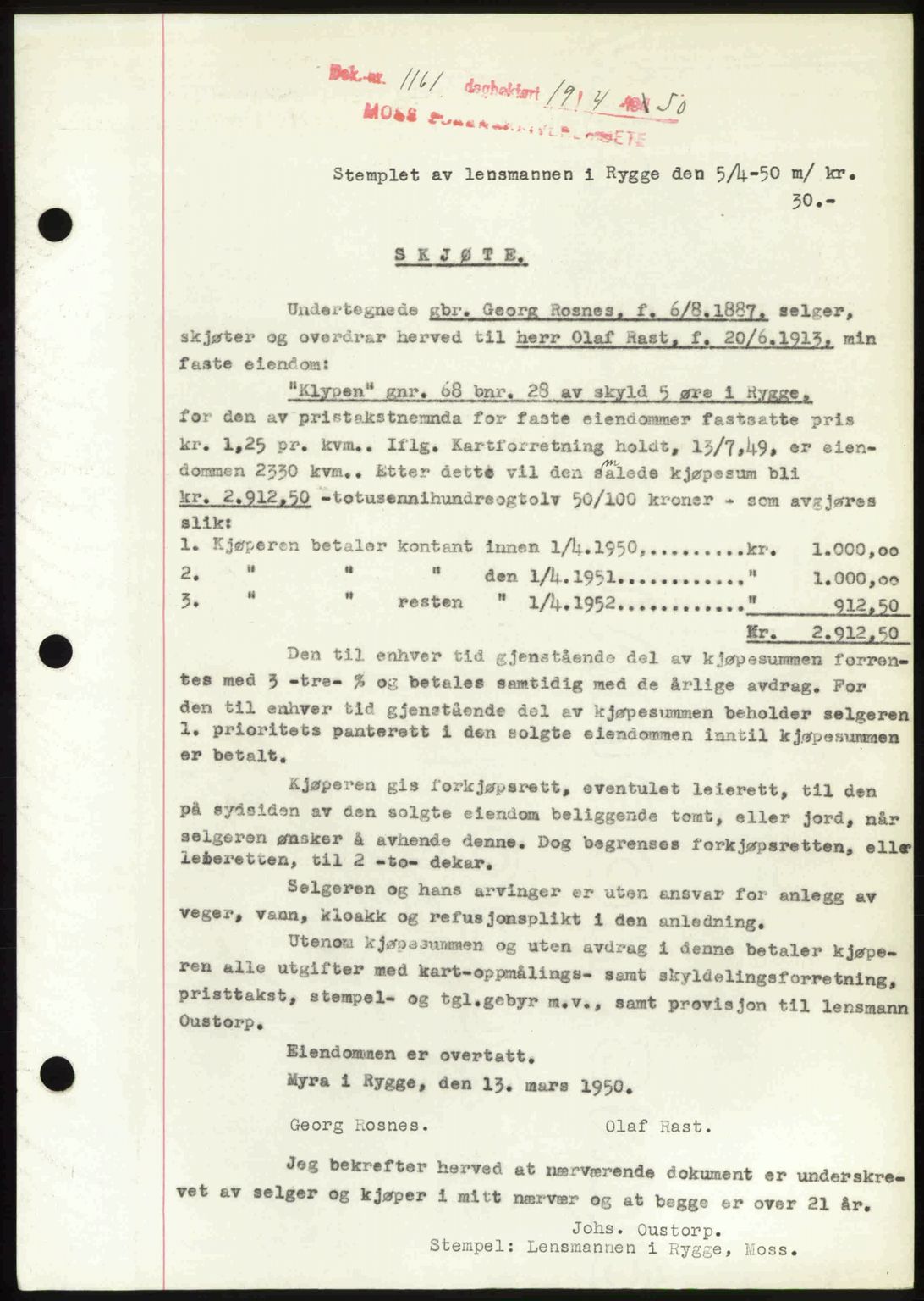 Moss sorenskriveri, SAO/A-10168: Mortgage book no. A25, 1950-1950, Diary no: : 1161/1950