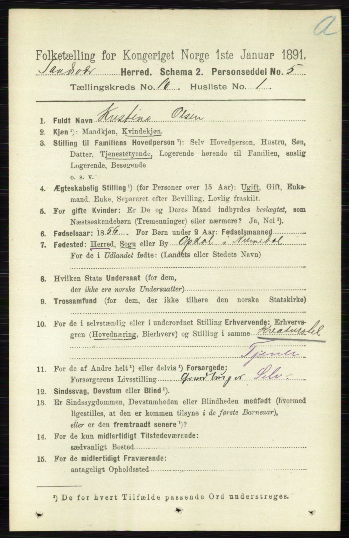 RA, 1891 census for 0629 Sandsvær, 1891, p. 4927