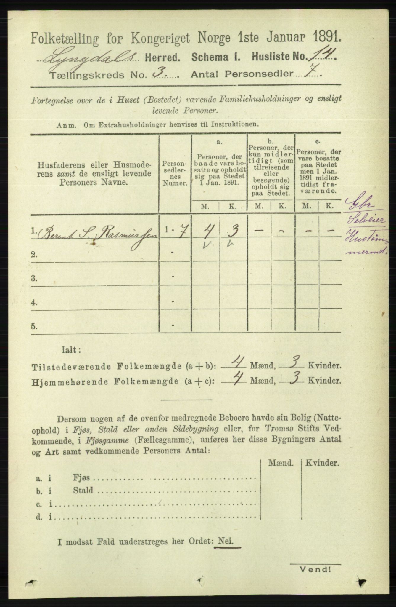 RA, 1891 census for 1032 Lyngdal, 1891, p. 1043
