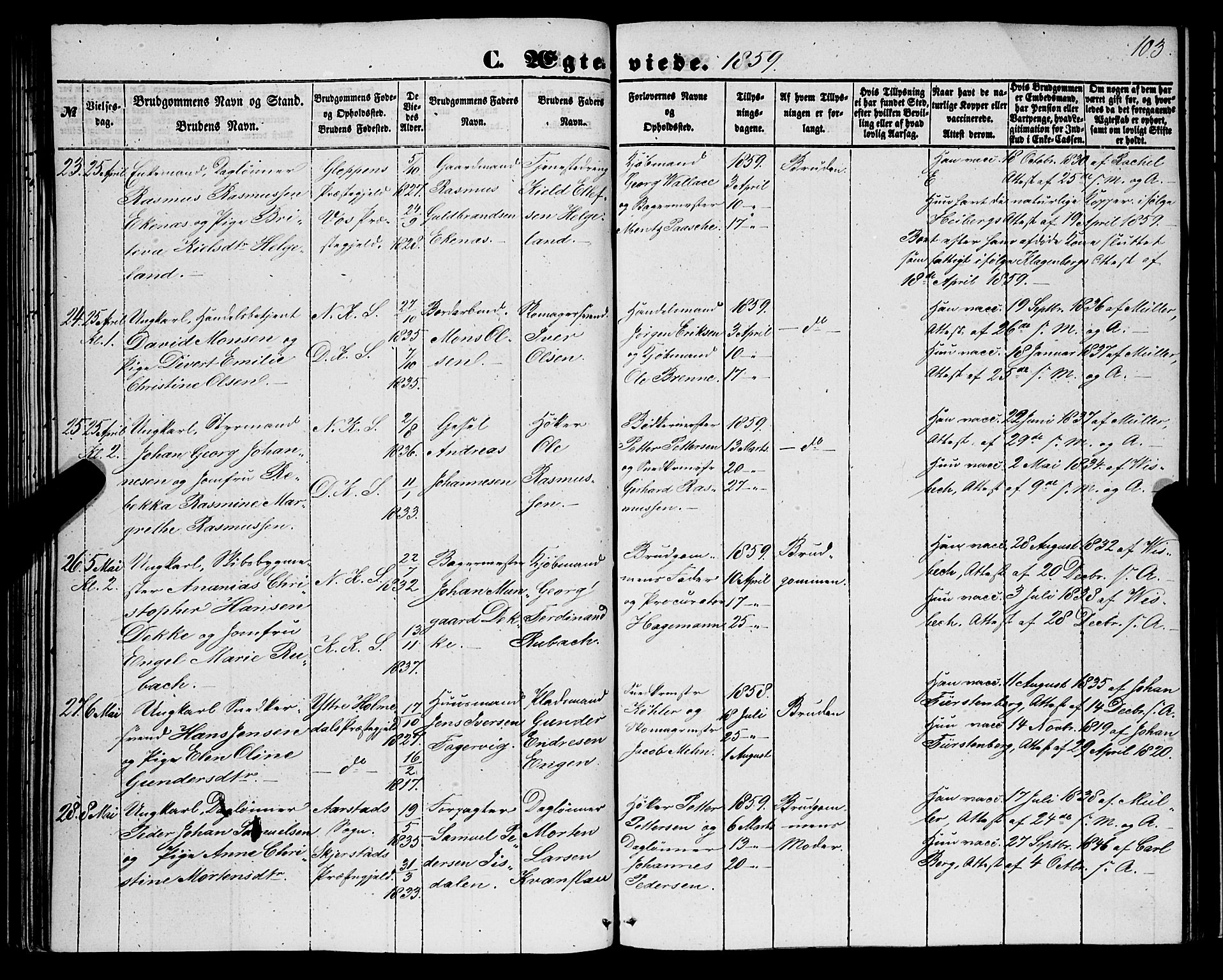 Korskirken sokneprestembete, SAB/A-76101/H/Haa/L0035: Parish register (official) no. D 2, 1852-1867, p. 103