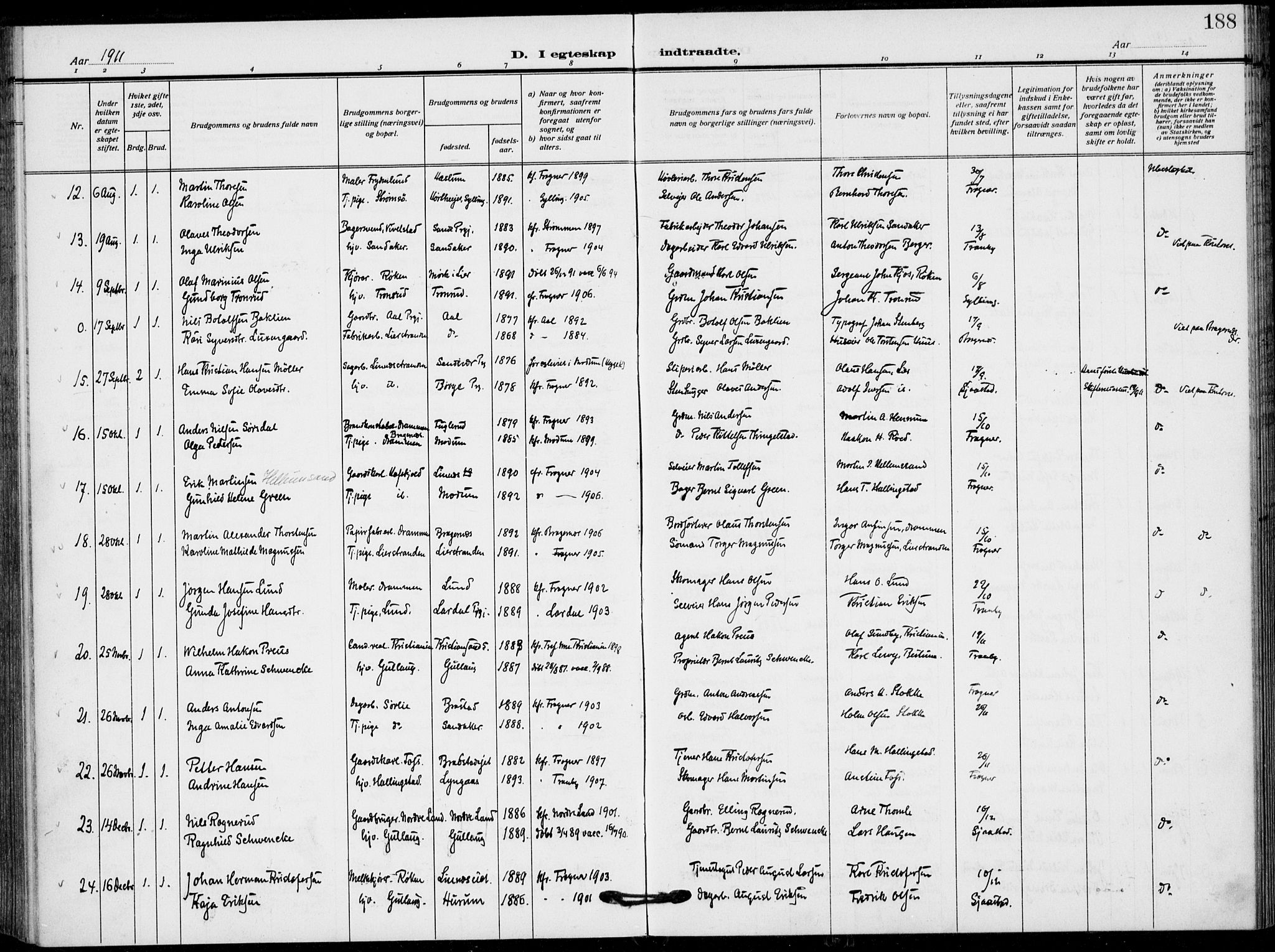 Lier kirkebøker, SAKO/A-230/F/Fa/L0018: Parish register (official) no. I 18, 1909-1917, p. 188