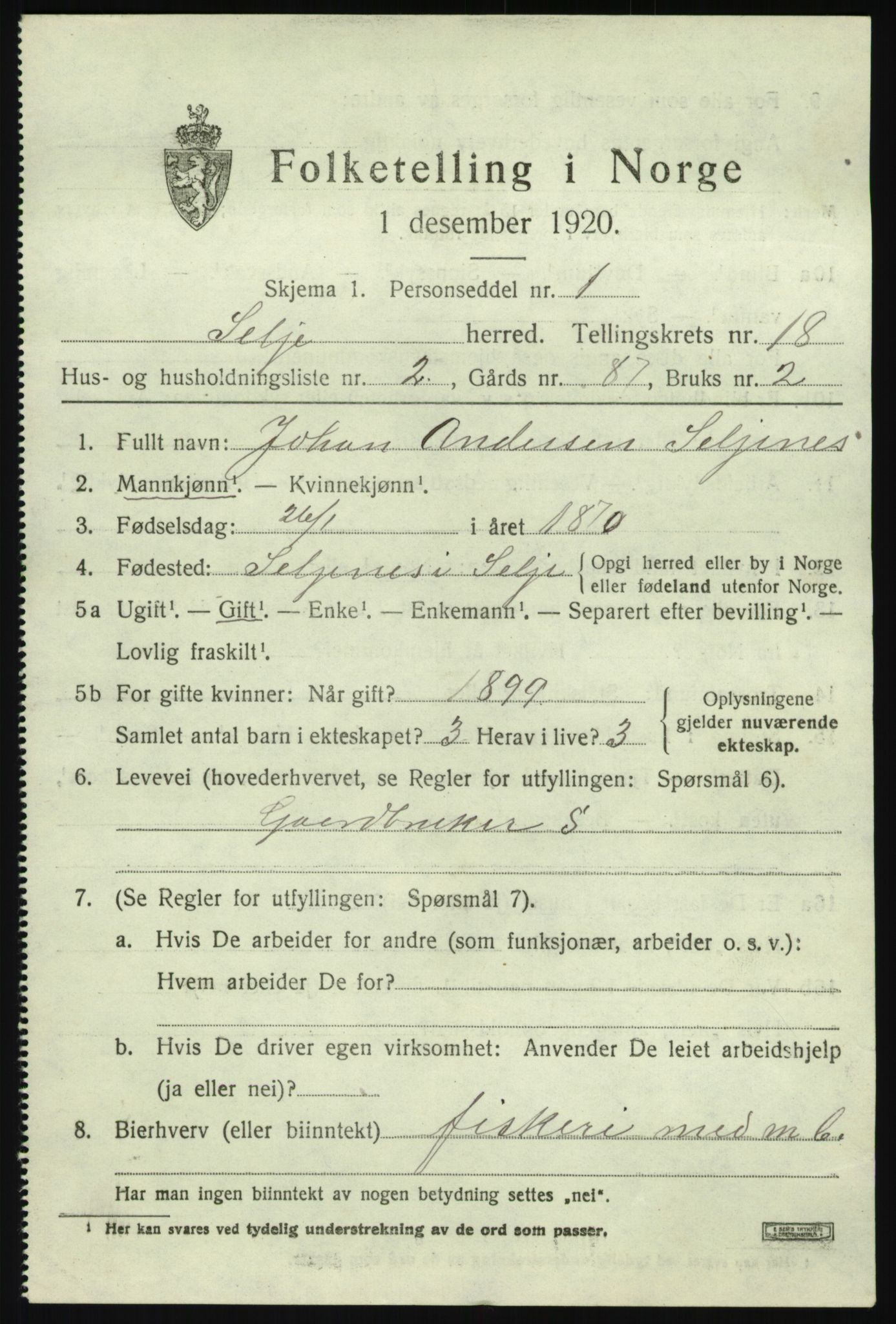 SAB, 1920 census for Selje, 1920, p. 7847