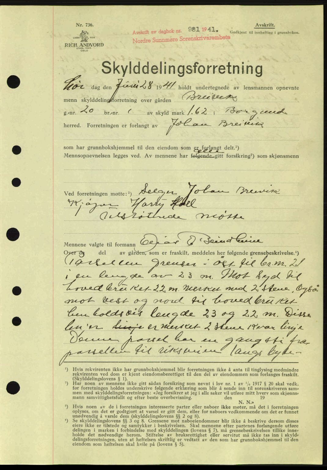 Nordre Sunnmøre sorenskriveri, AV/SAT-A-0006/1/2/2C/2Ca: Mortgage book no. A11, 1941-1941, Diary no: : 981/1941