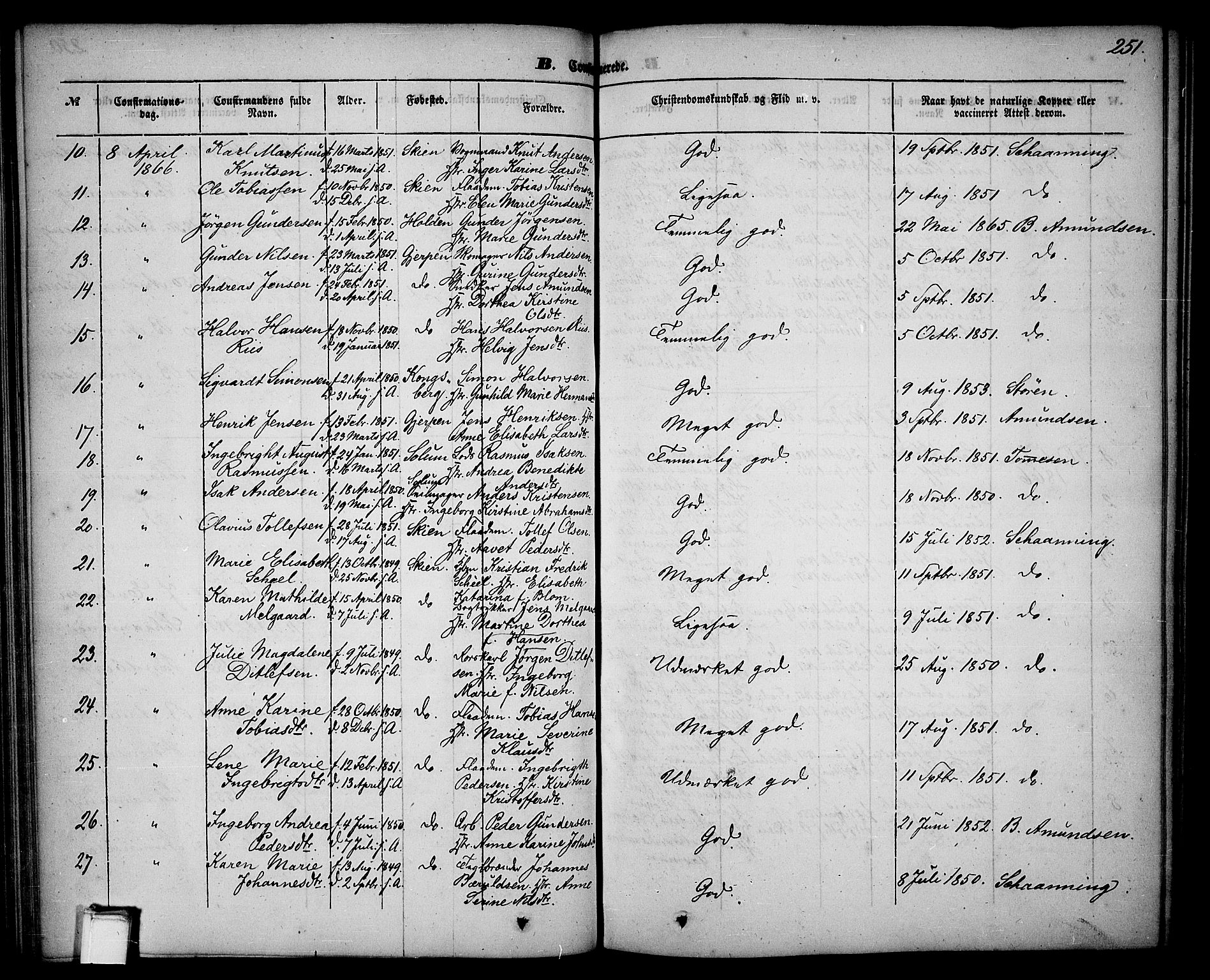 Skien kirkebøker, SAKO/A-302/G/Ga/L0004: Parish register (copy) no. 4, 1843-1867, p. 251