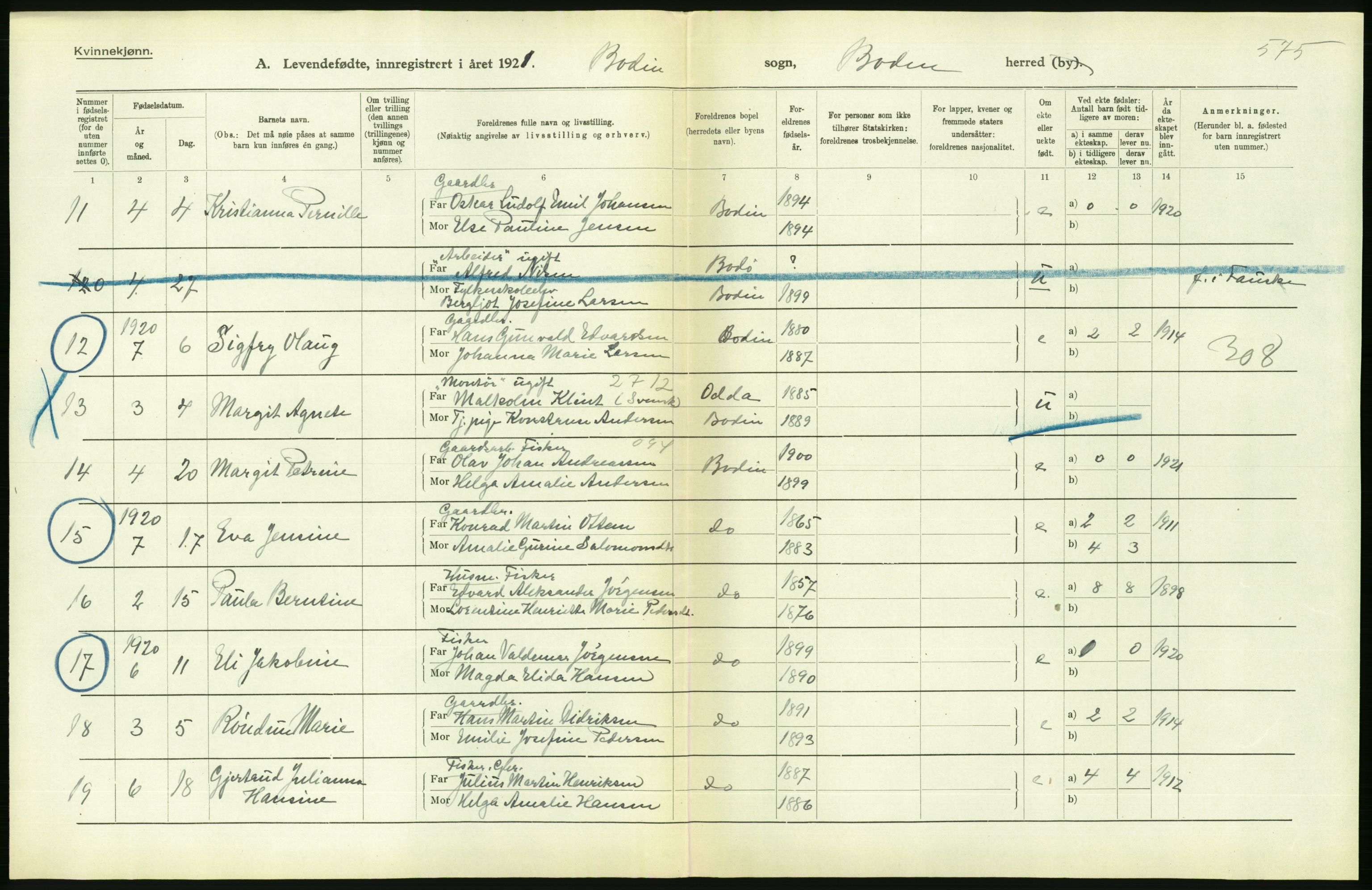 Statistisk sentralbyrå, Sosiodemografiske emner, Befolkning, AV/RA-S-2228/D/Df/Dfc/Dfca/L0049: Nordland fylke: Levendefødte menn og kvinner. Bygder., 1921, p. 172