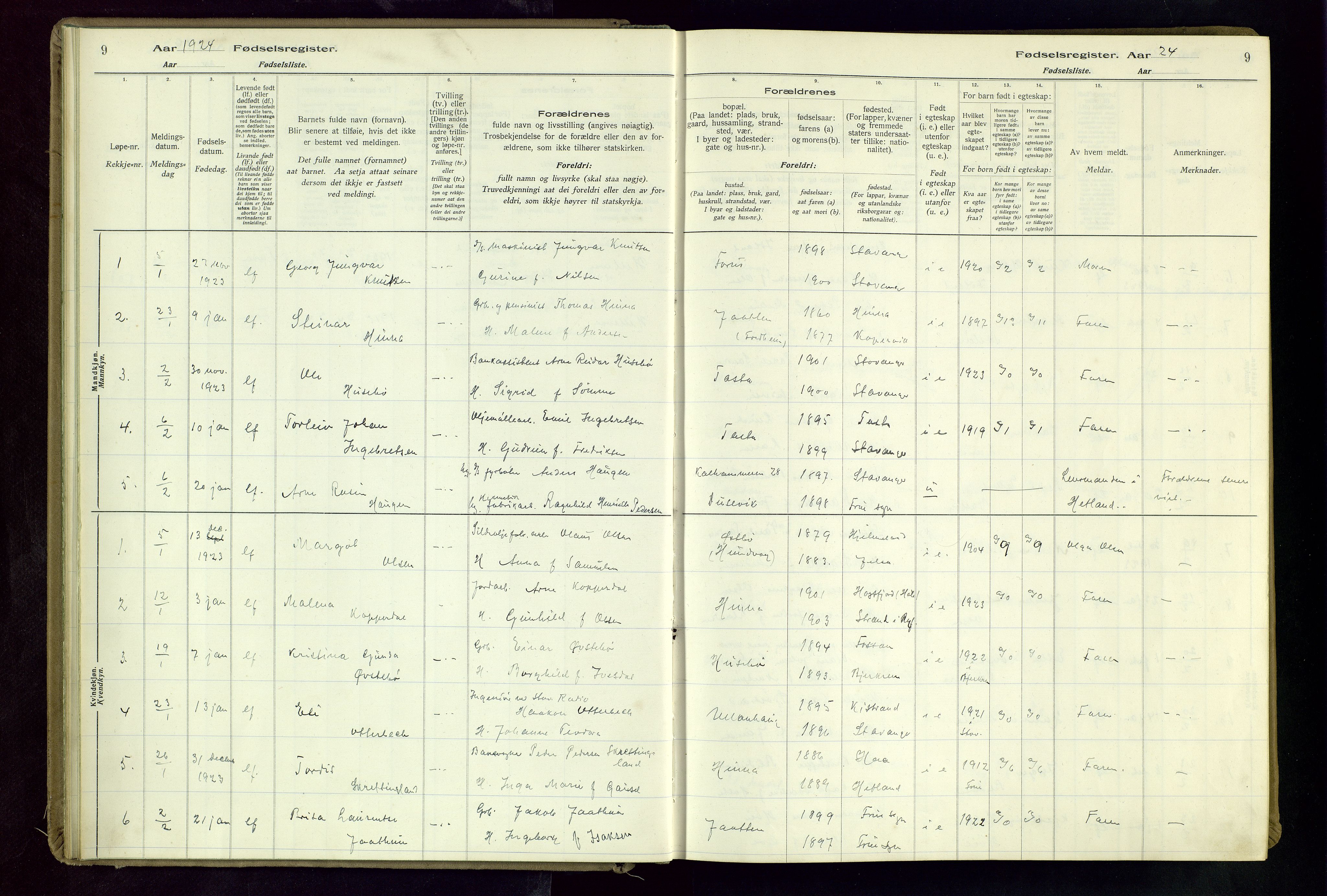 Hetland sokneprestkontor, SAST/A-101826/70/704BA/L0004: Birth register no. 4, 1923-1937, p. 9