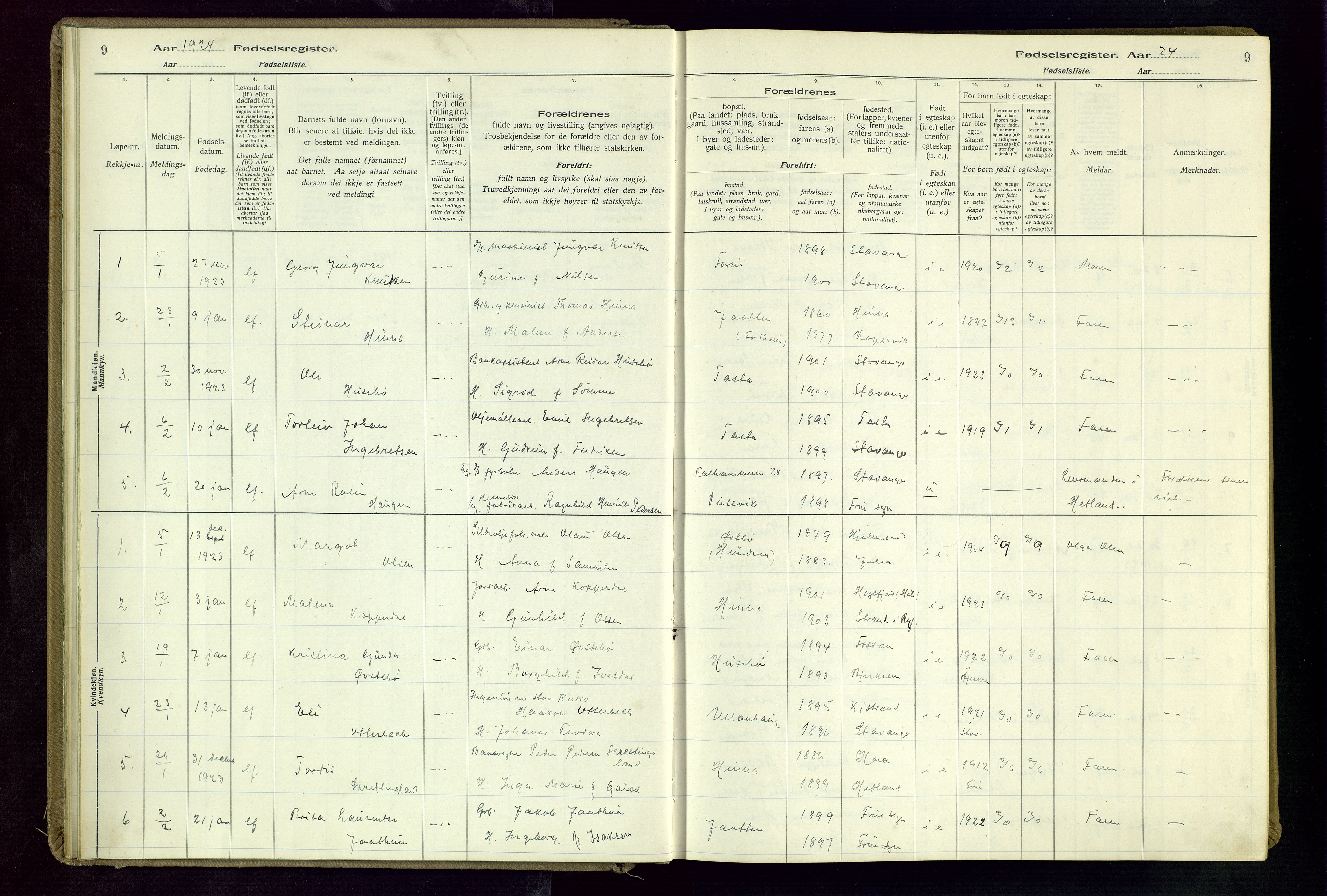 Hetland sokneprestkontor, AV/SAST-A-101826/70/704BA/L0004: Birth register no. 4, 1923-1937, p. 9