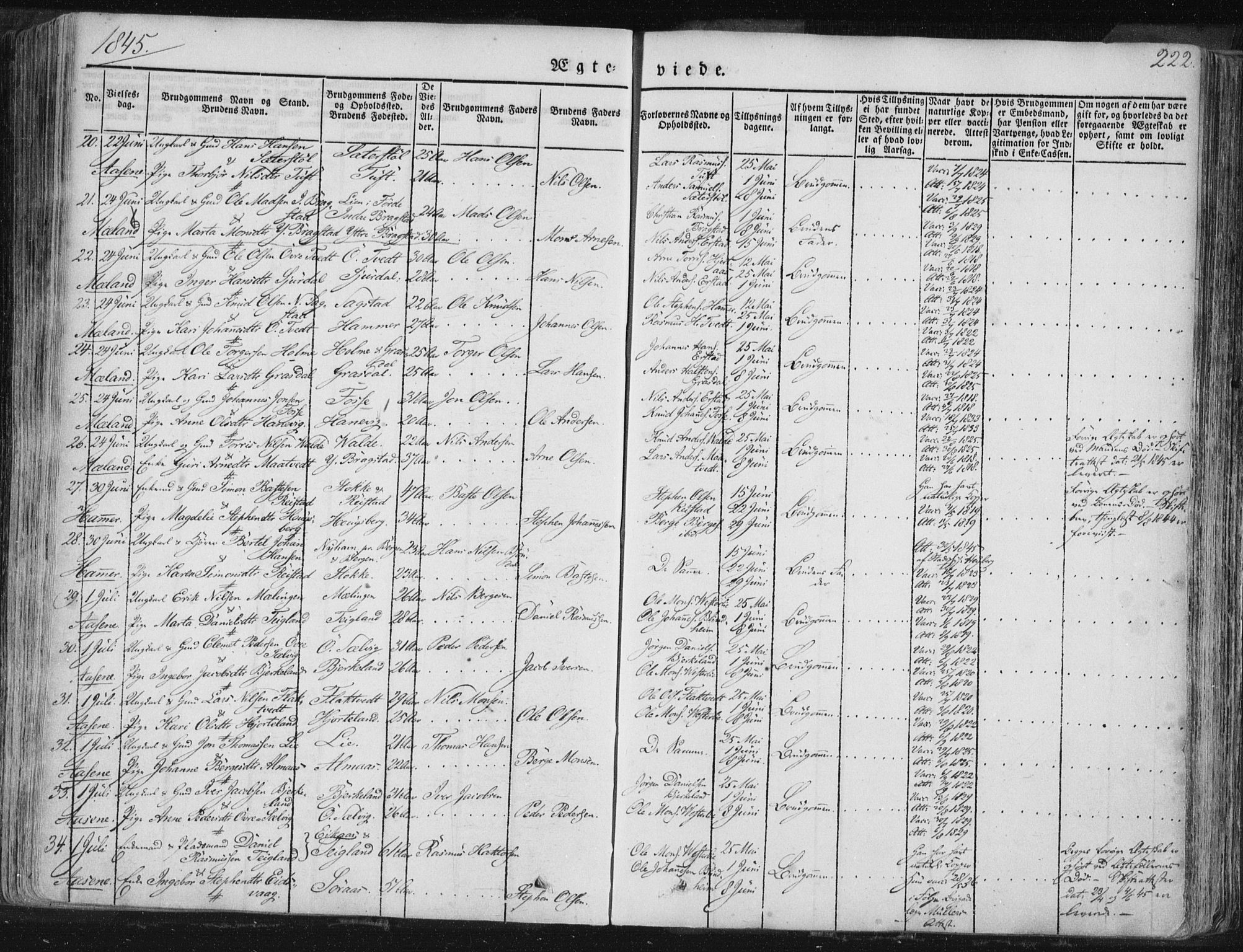 Hamre sokneprestembete, AV/SAB-A-75501/H/Ha/Haa/Haaa/L0012: Parish register (official) no. A 12, 1834-1845, p. 222