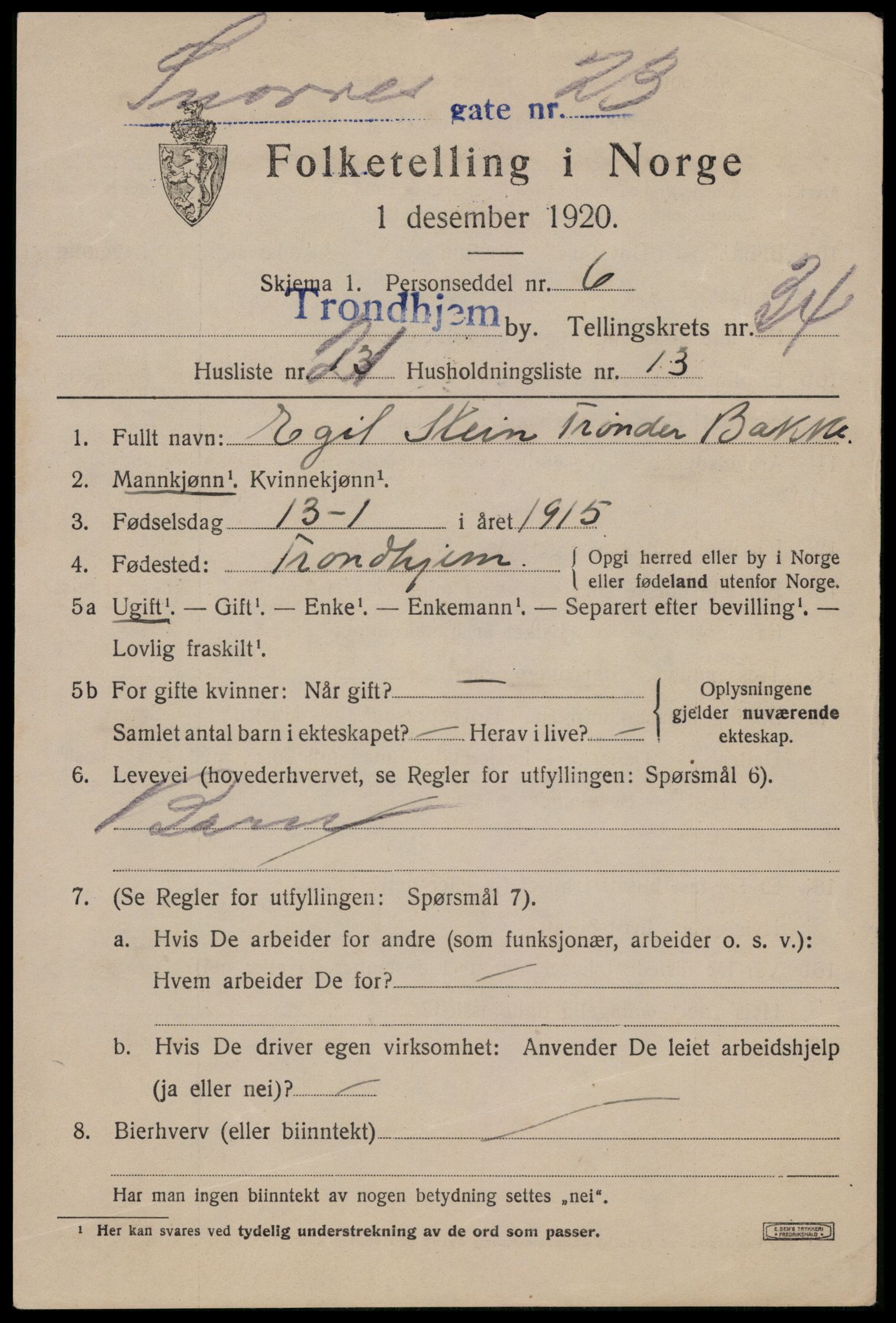 SAT, 1920 census for Trondheim, 1920, p. 81098