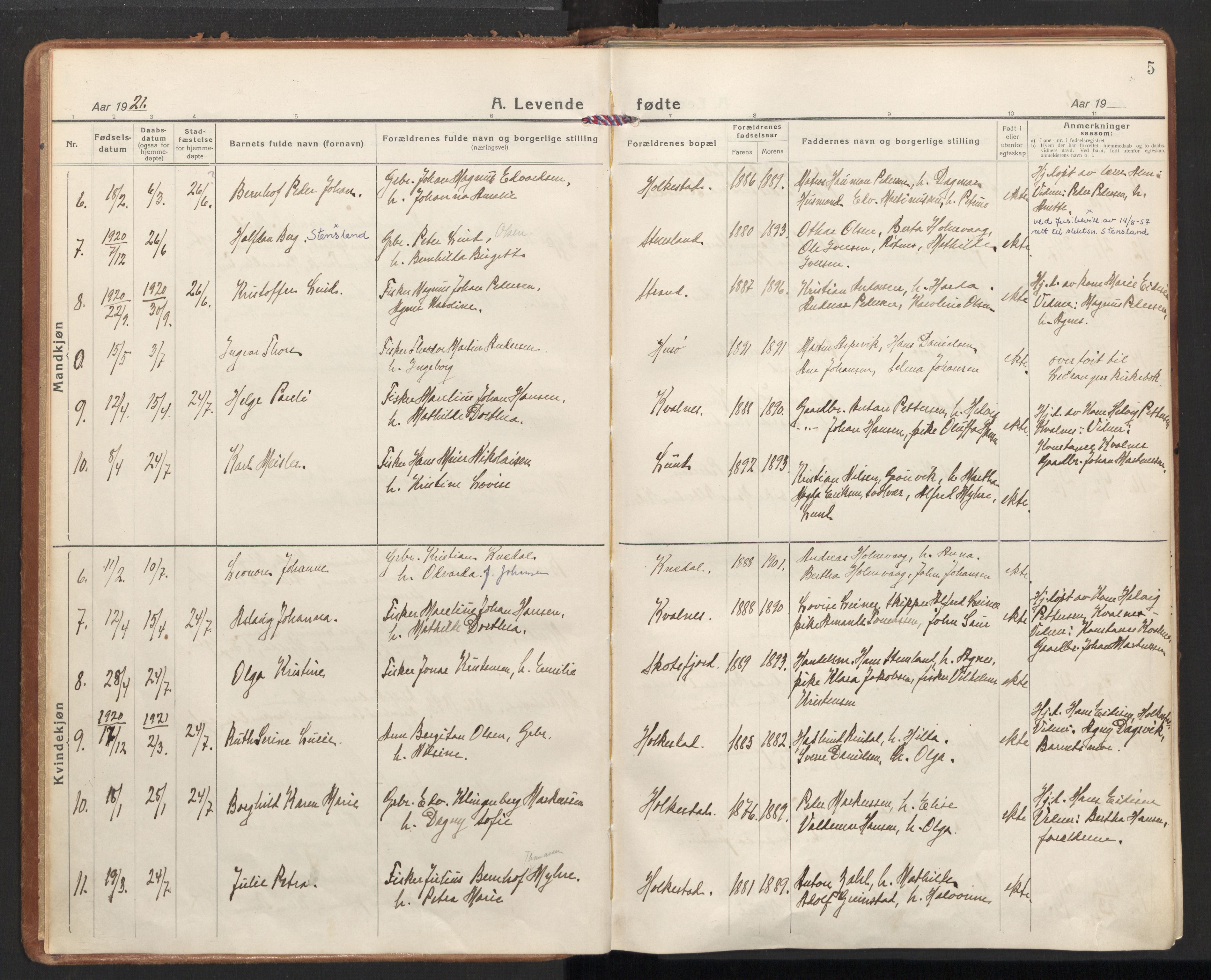 Ministerialprotokoller, klokkerbøker og fødselsregistre - Nordland, AV/SAT-A-1459/855/L0810: Parish register (official) no. 855A17, 1921-1939, p. 5