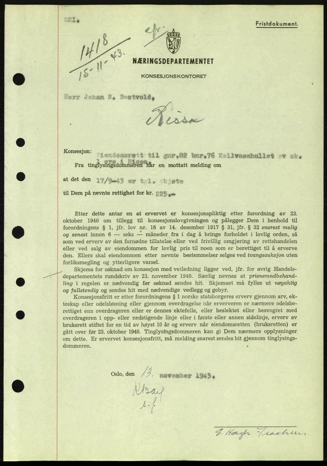 Fosen sorenskriveri, AV/SAT-A-1107/1/2/2C: Mortgage book no. B1, 1943-1945, Diary no: : 1418/1943