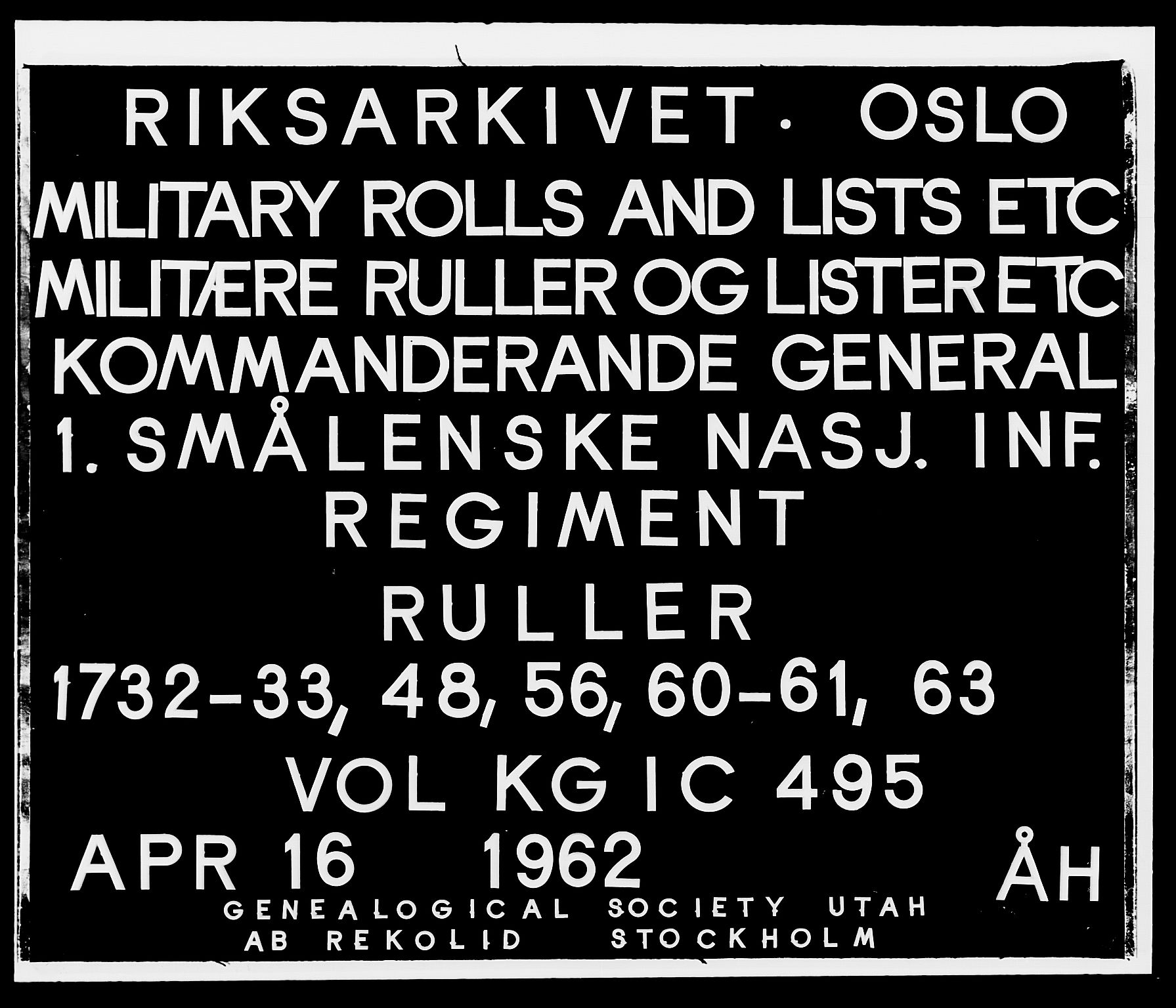 Kommanderende general (KG I) med Det norske krigsdirektorium, RA/EA-5419/E/Ea/L0495: 1. Smålenske regiment, 1732-1763, p. 1