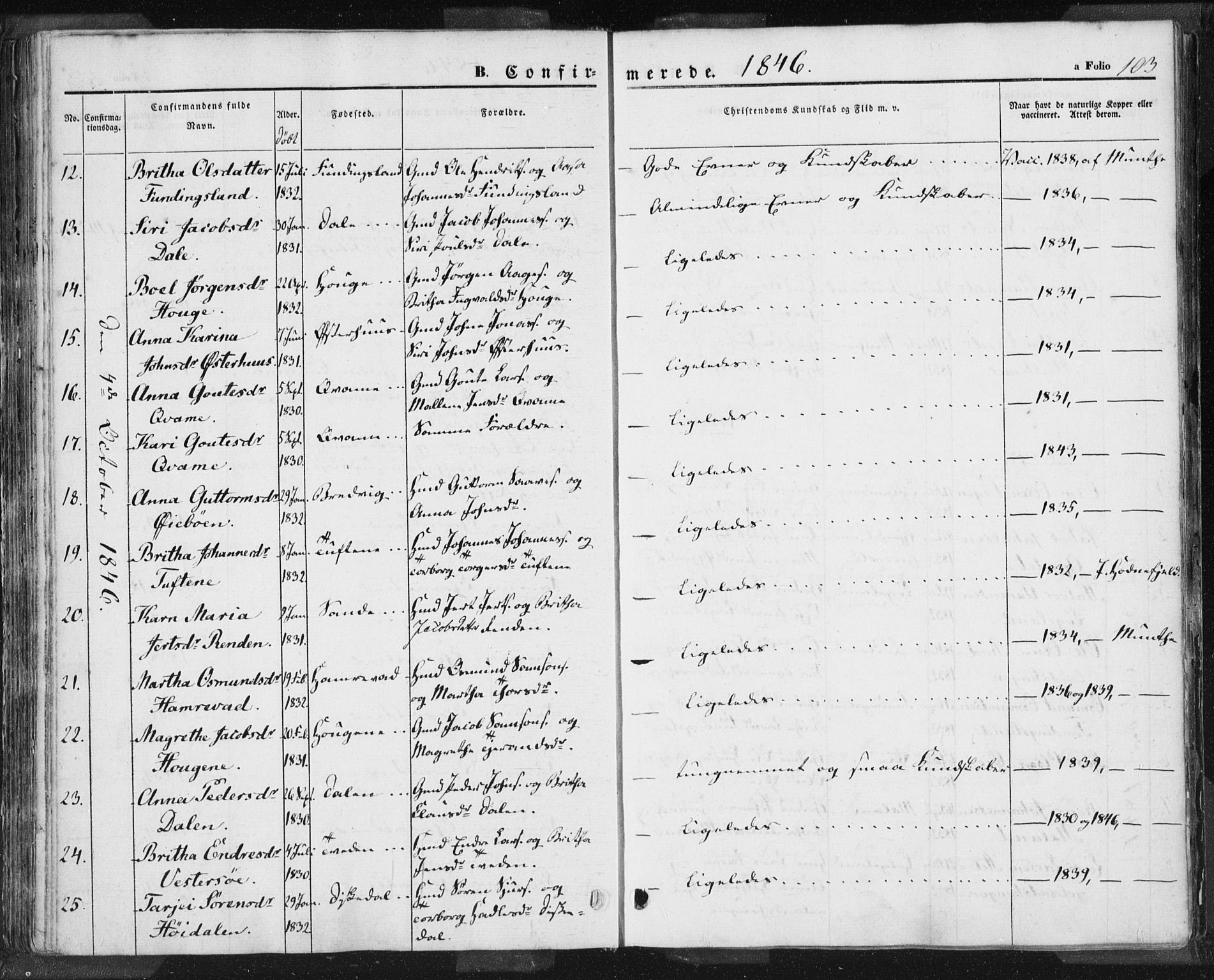 Hjelmeland sokneprestkontor, AV/SAST-A-101843/01/IV/L0009: Parish register (official) no. A 9, 1846-1860, p. 103