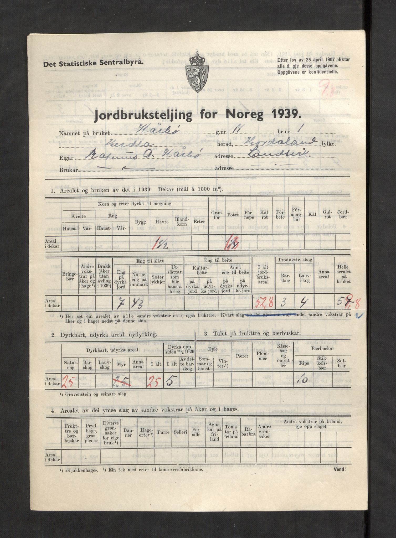 Statistisk sentralbyrå, Næringsøkonomiske emner, Jordbruk, skogbruk, jakt, fiske og fangst, AV/RA-S-2234/G/Gb/L0211: Hordaland: Herdla, Hjelme og Manger, 1939, p. 1091