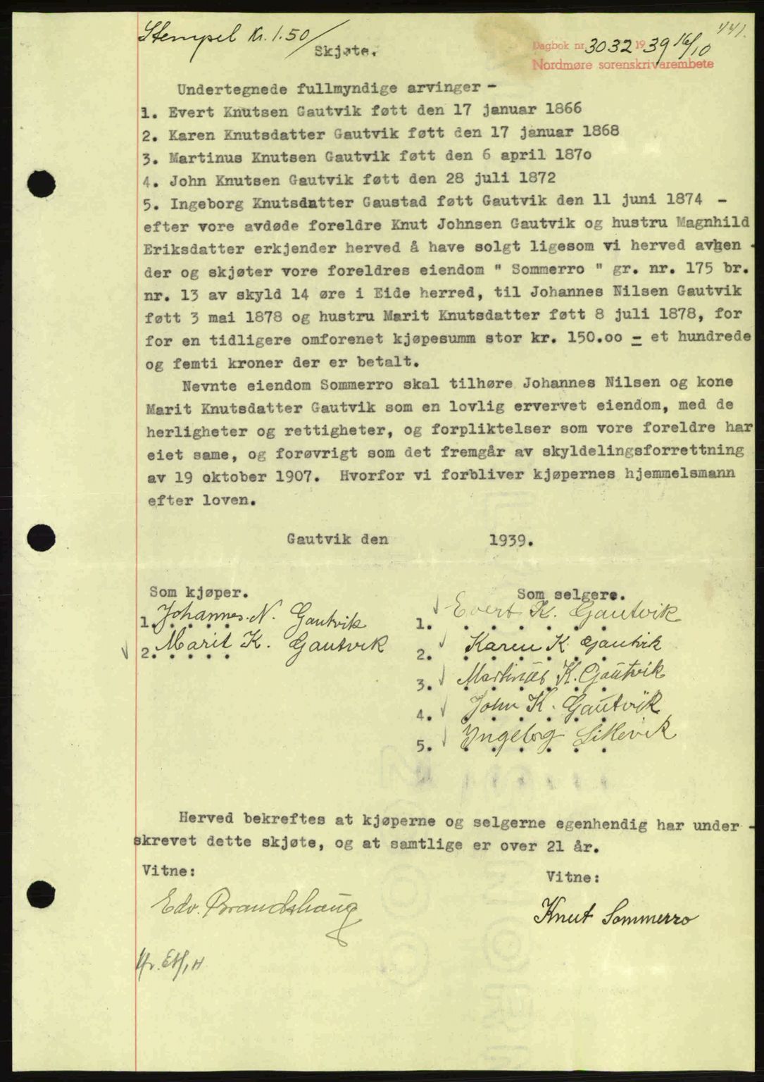 Nordmøre sorenskriveri, AV/SAT-A-4132/1/2/2Ca: Mortgage book no. A87, 1939-1940, Diary no: : 3032/1939