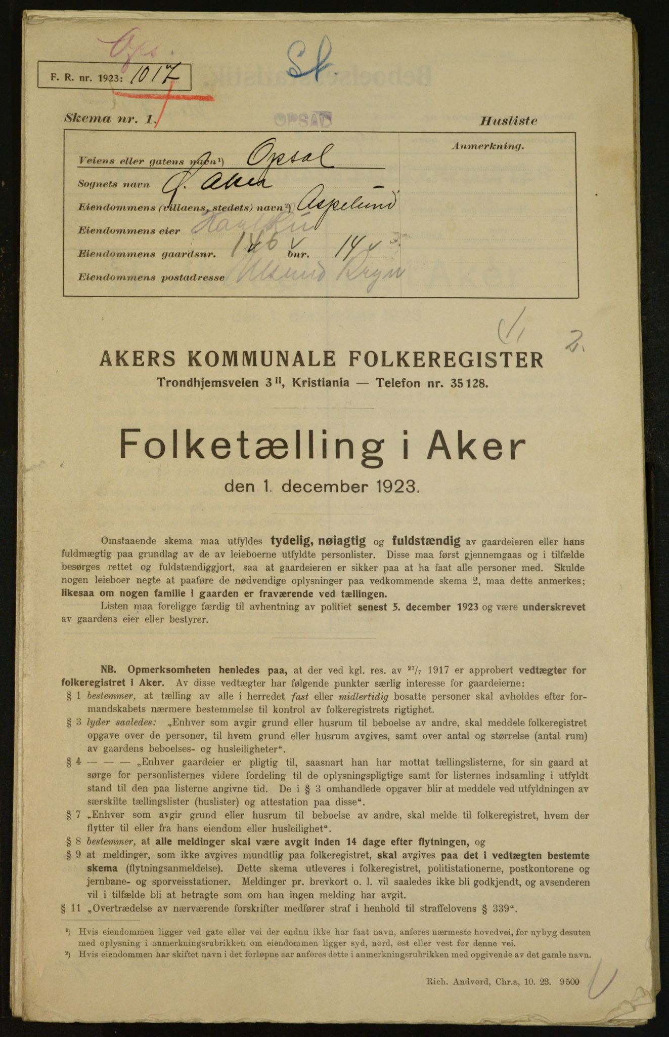 , Municipal Census 1923 for Aker, 1923, p. 29034