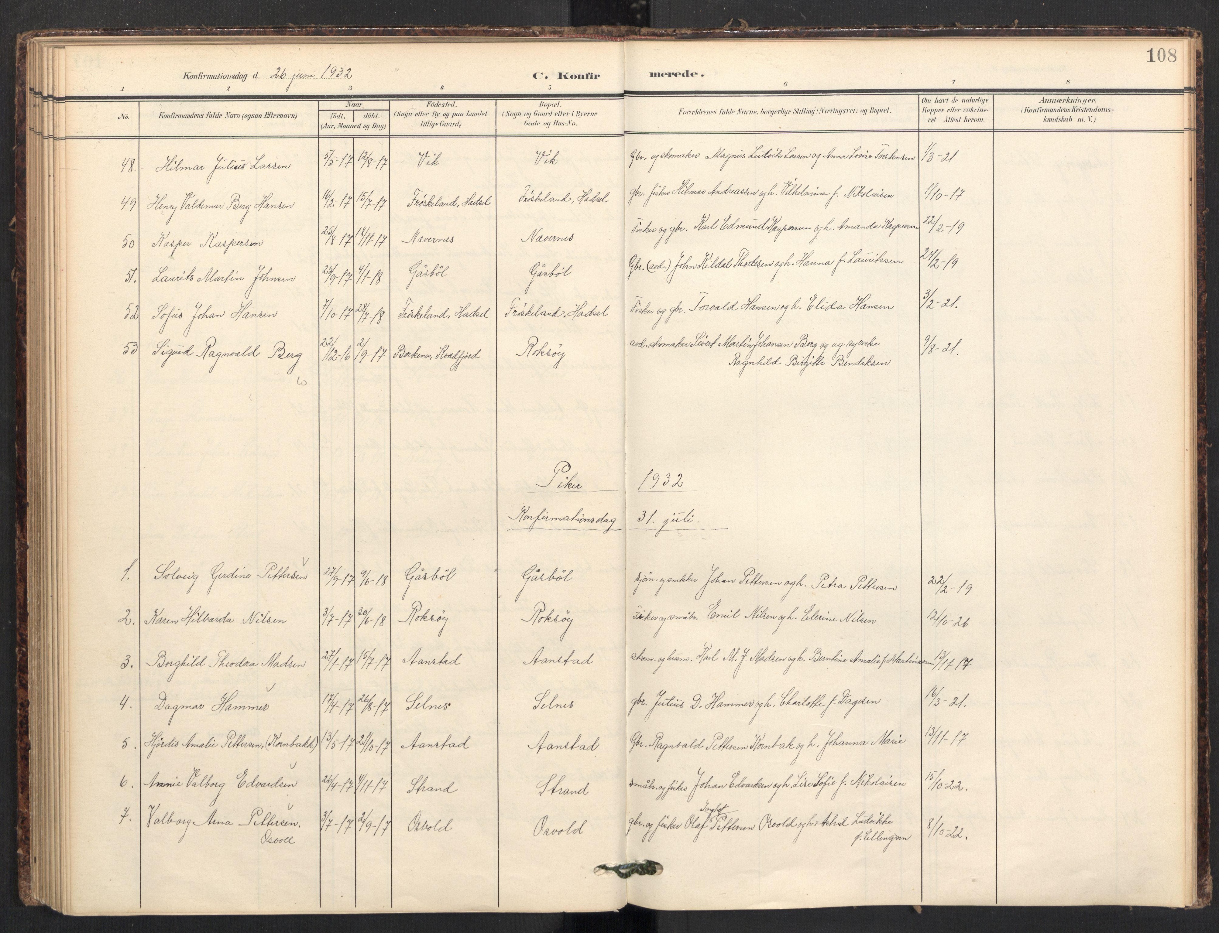 Ministerialprotokoller, klokkerbøker og fødselsregistre - Nordland, AV/SAT-A-1459/895/L1375: Parish register (official) no. 895A10, 1907-1938, p. 108