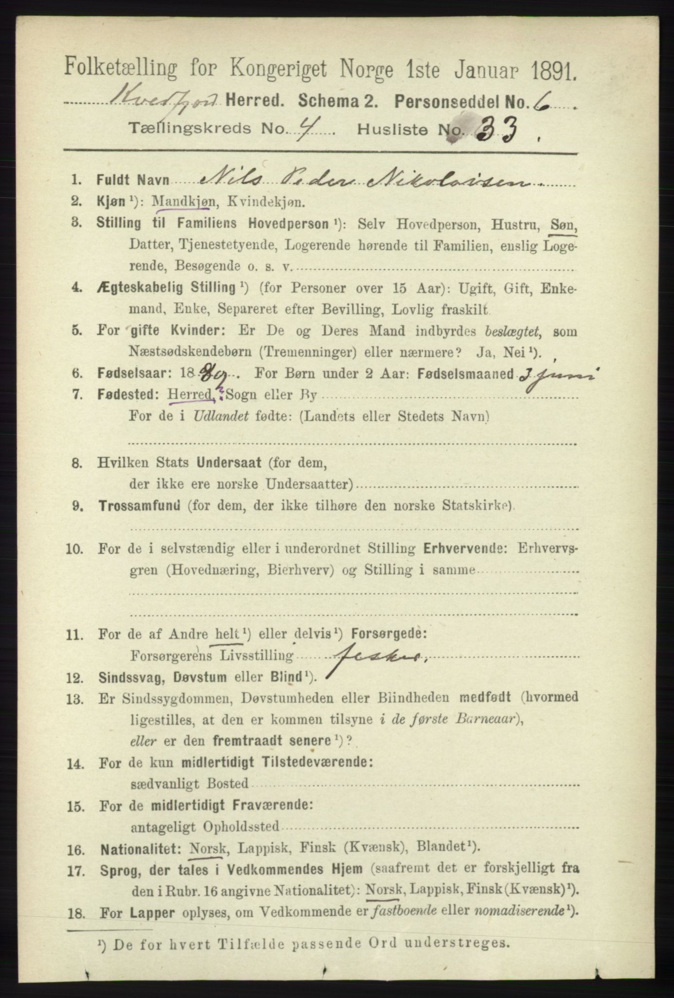 RA, 1891 census for 1911 Kvæfjord, 1891, p. 2117