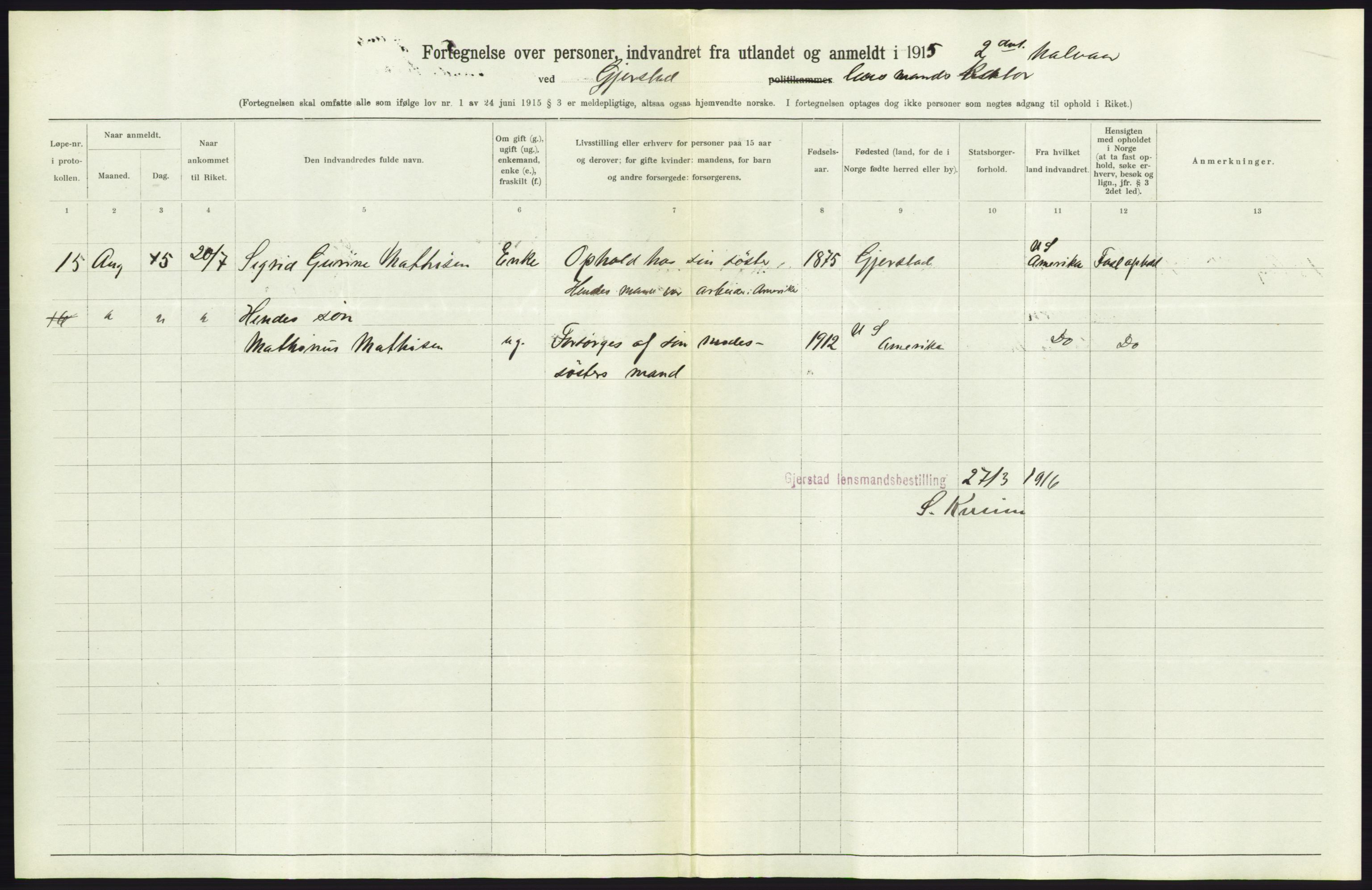 Statistisk sentralbyrå, Sosioøkonomiske emner, Folketellinger, boliger og boforhold, AV/RA-S-2231/F/Fa/L0001: Innvandring. Navn/fylkesvis, 1915, p. 322