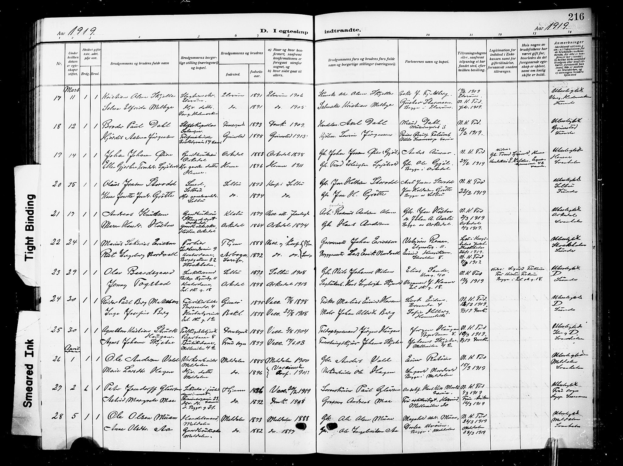 Ministerialprotokoller, klokkerbøker og fødselsregistre - Sør-Trøndelag, SAT/A-1456/601/L0097: Parish register (copy) no. 601C15, 1911-1921, p. 216