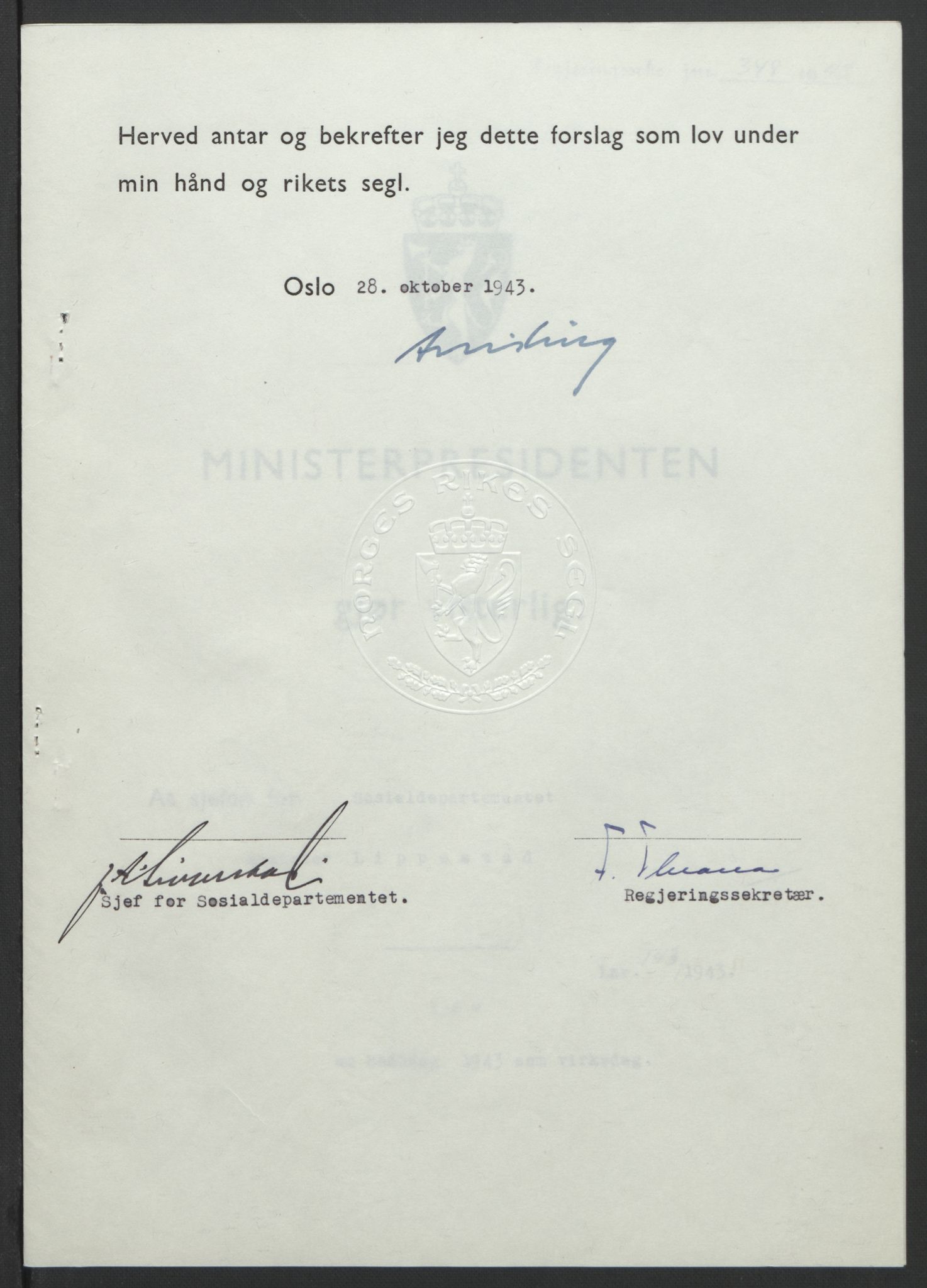 NS-administrasjonen 1940-1945 (Statsrådsekretariatet, de kommisariske statsråder mm), RA/S-4279/D/Db/L0099: Lover, 1943, p. 668