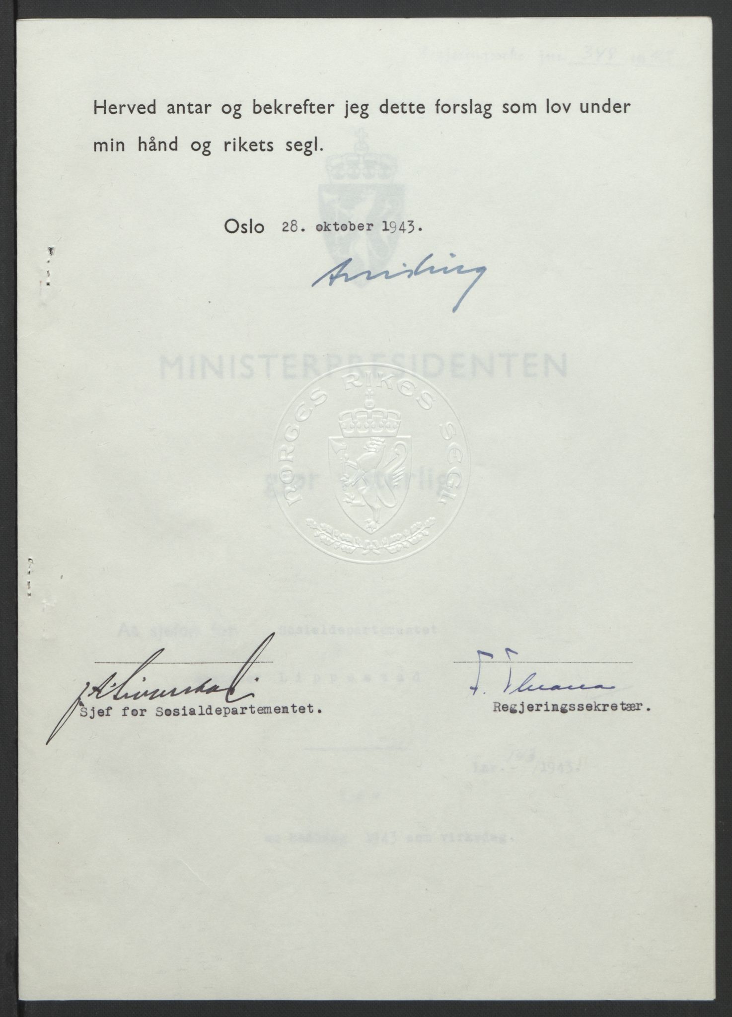 NS-administrasjonen 1940-1945 (Statsrådsekretariatet, de kommisariske statsråder mm), AV/RA-S-4279/D/Db/L0099: Lover, 1943, p. 668