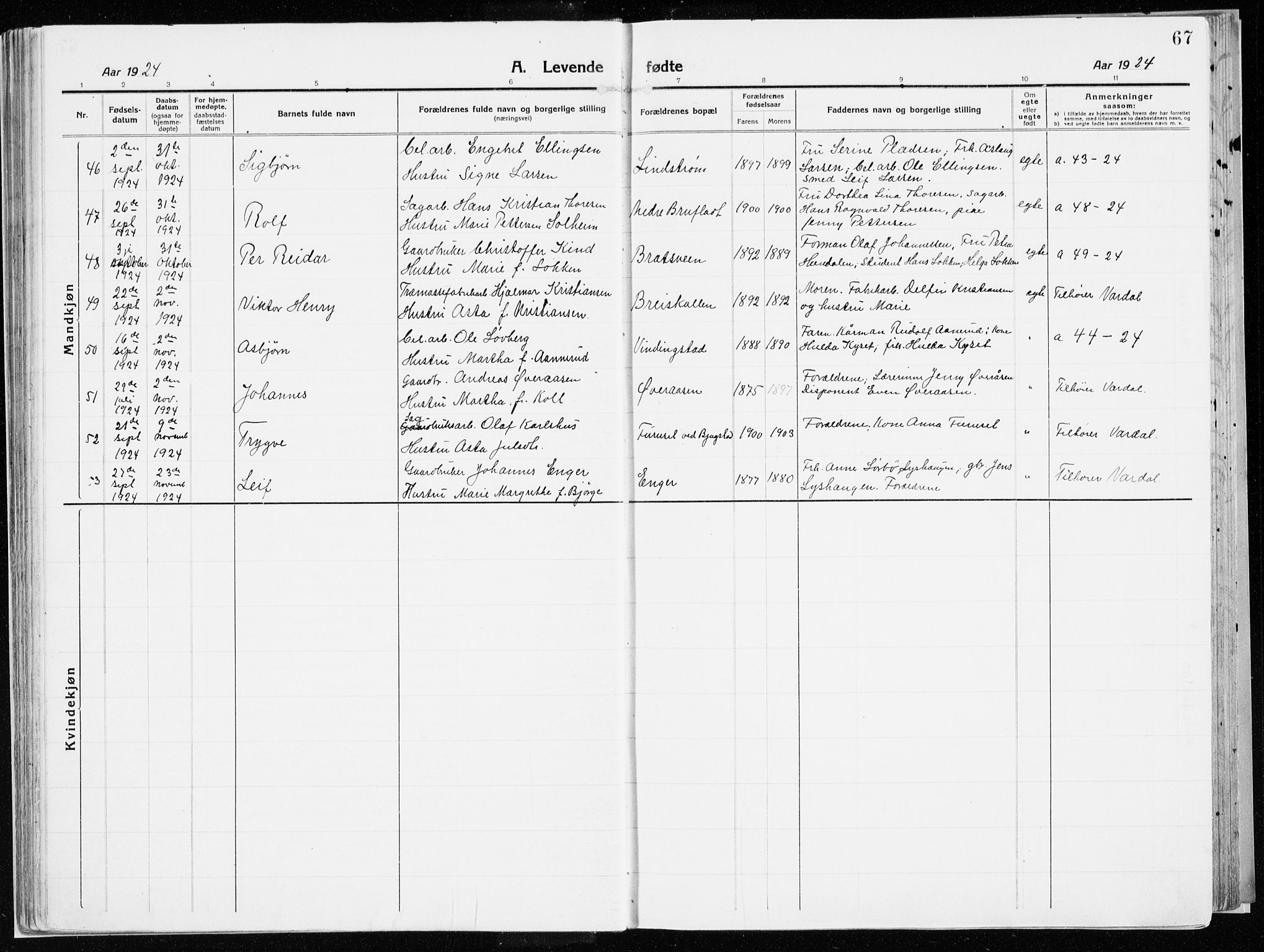 Vardal prestekontor, SAH/PREST-100/H/Ha/Haa/L0017: Parish register (official) no. 17, 1915-1929, p. 67