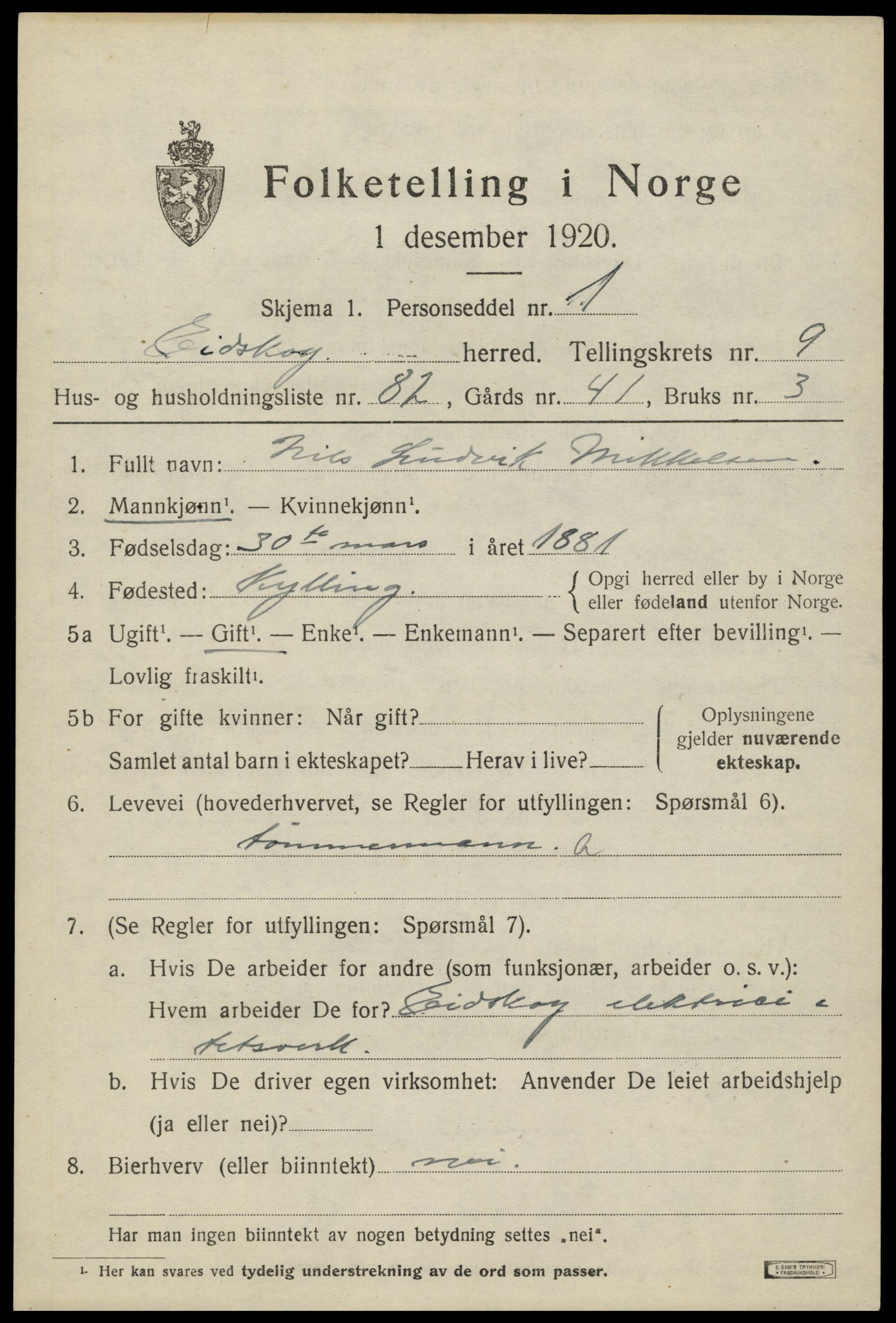 SAH, 1920 census for Eidskog, 1920, p. 11109