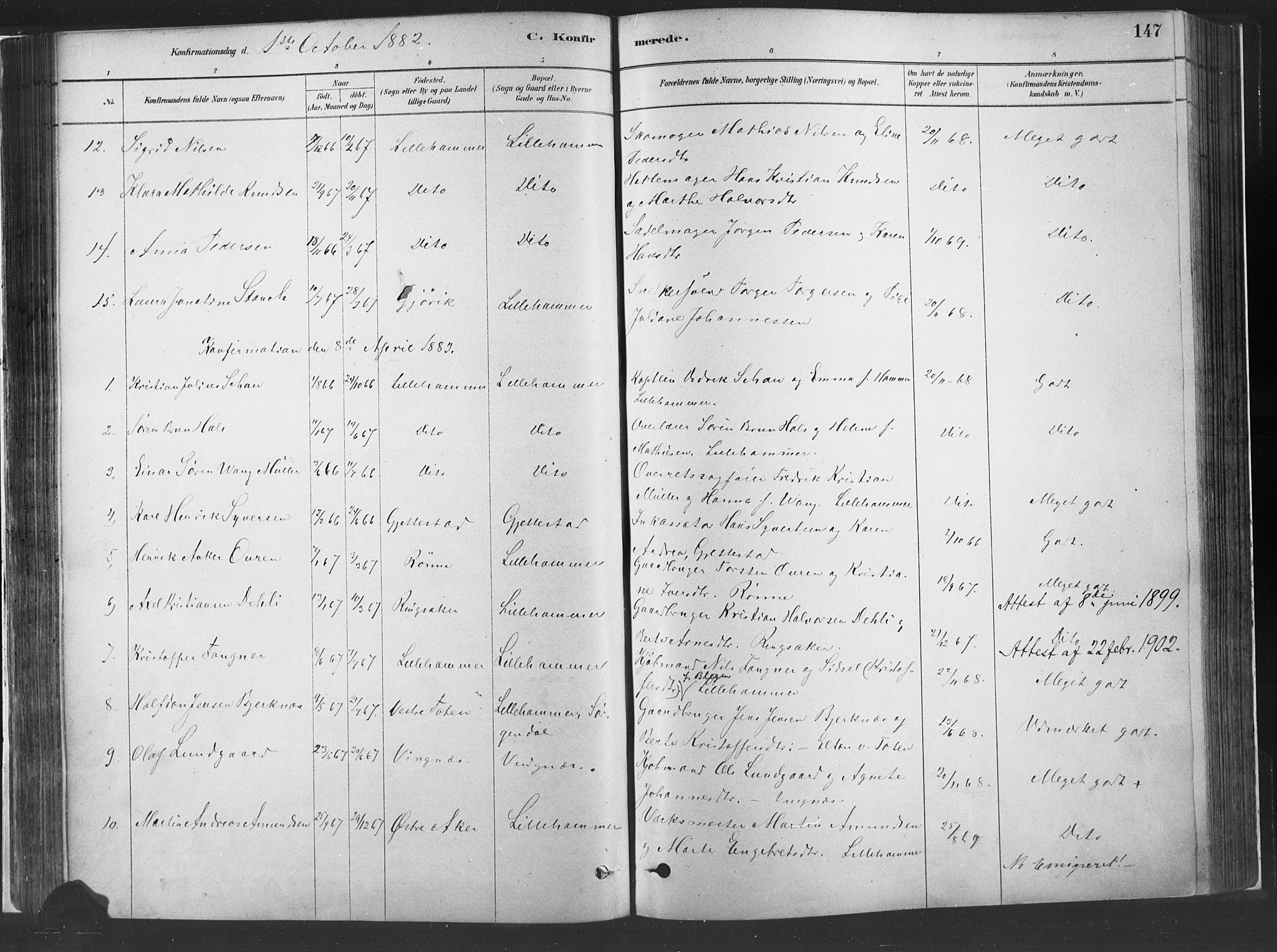 Fåberg prestekontor, SAH/PREST-086/H/Ha/Haa/L0010: Parish register (official) no. 10, 1879-1900, p. 147