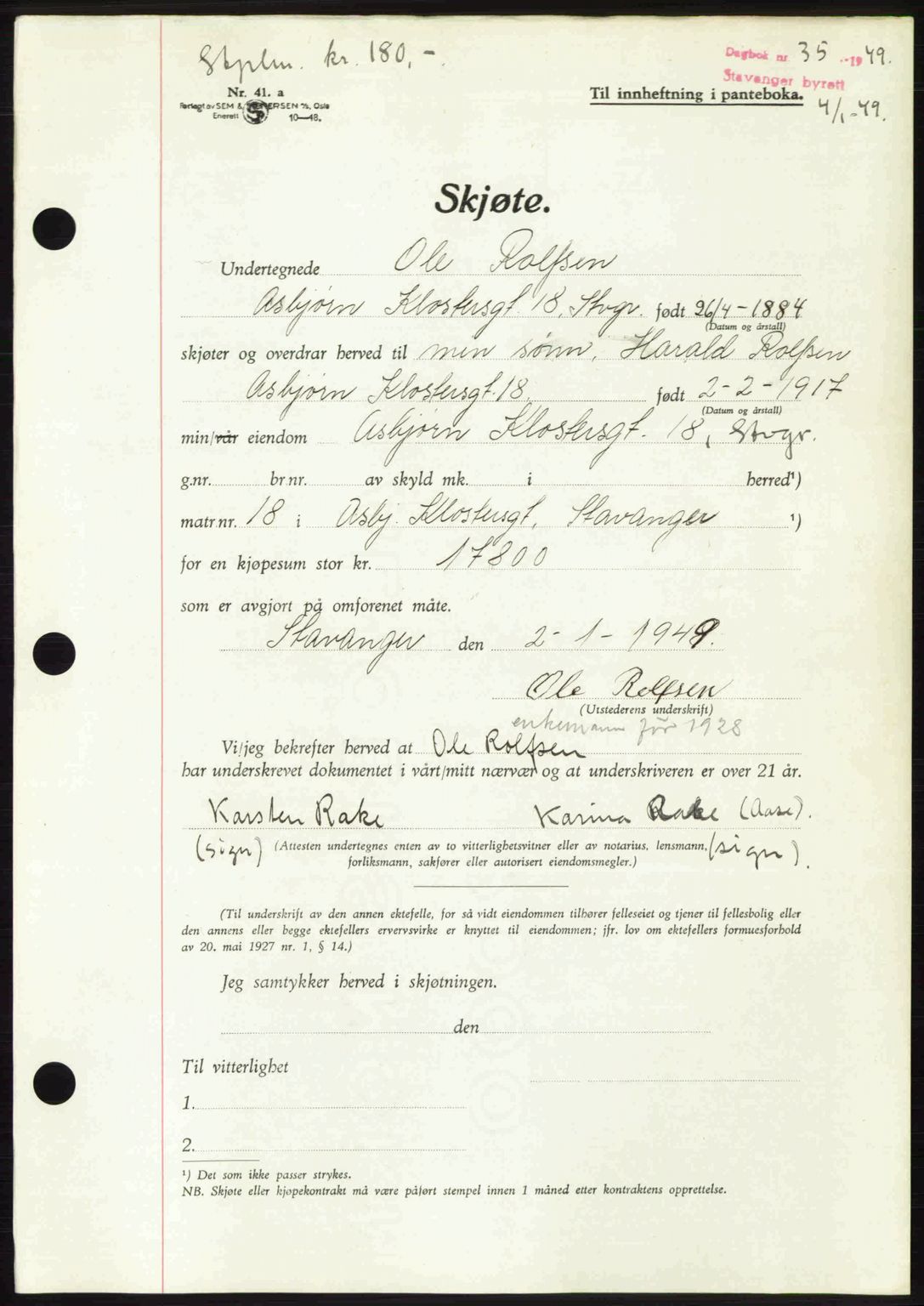 Stavanger byrett, SAST/A-100455/002/G/Gb/L0023: Mortgage book no. A12, 1948-1949, Diary no: : 35/1949