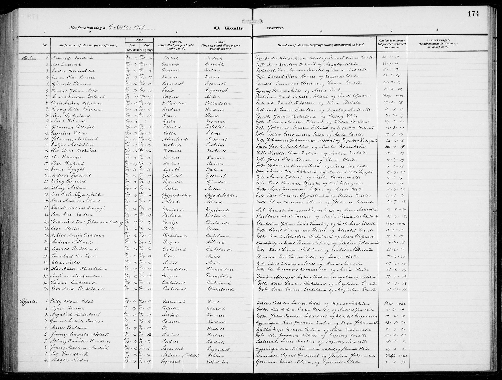 Fana Sokneprestembete, AV/SAB-A-75101/H/Hab/Haba/L0005: Parish register (copy) no. A 5, 1911-1932, p. 174