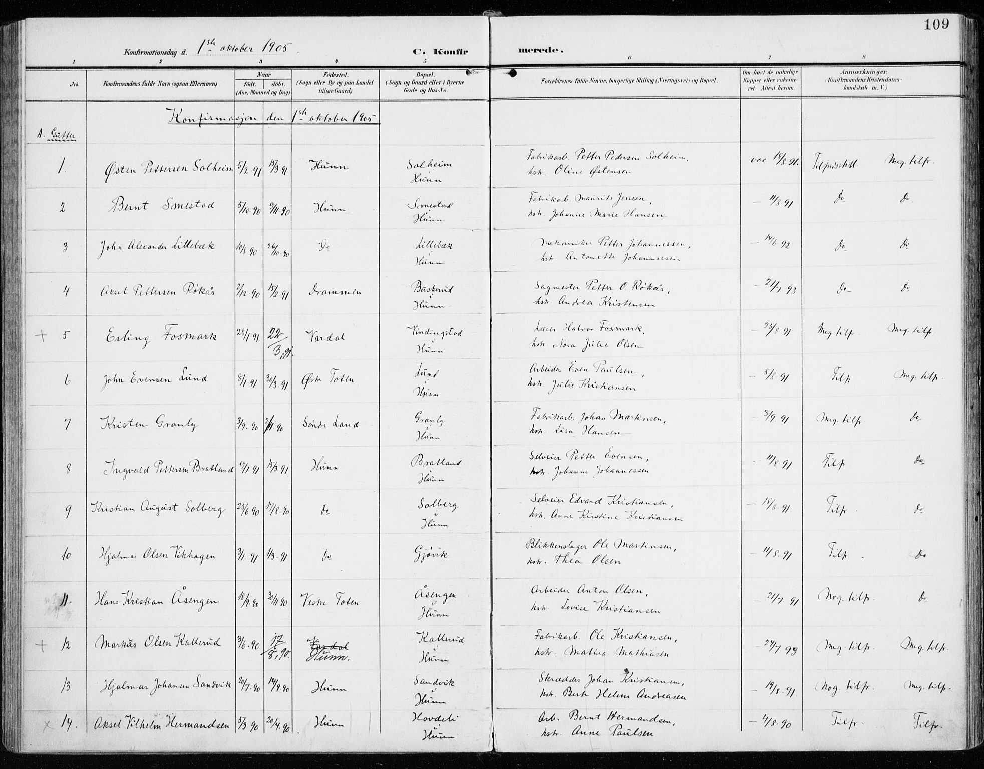 Vardal prestekontor, SAH/PREST-100/H/Ha/Haa/L0016: Parish register (official) no. 16, 1904-1916, p. 109