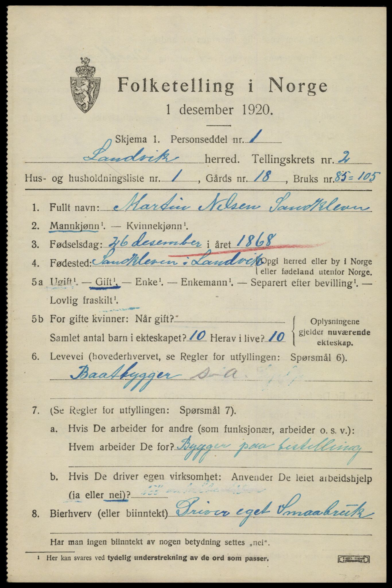 SAK, 1920 census for Landvik, 1920, p. 1772