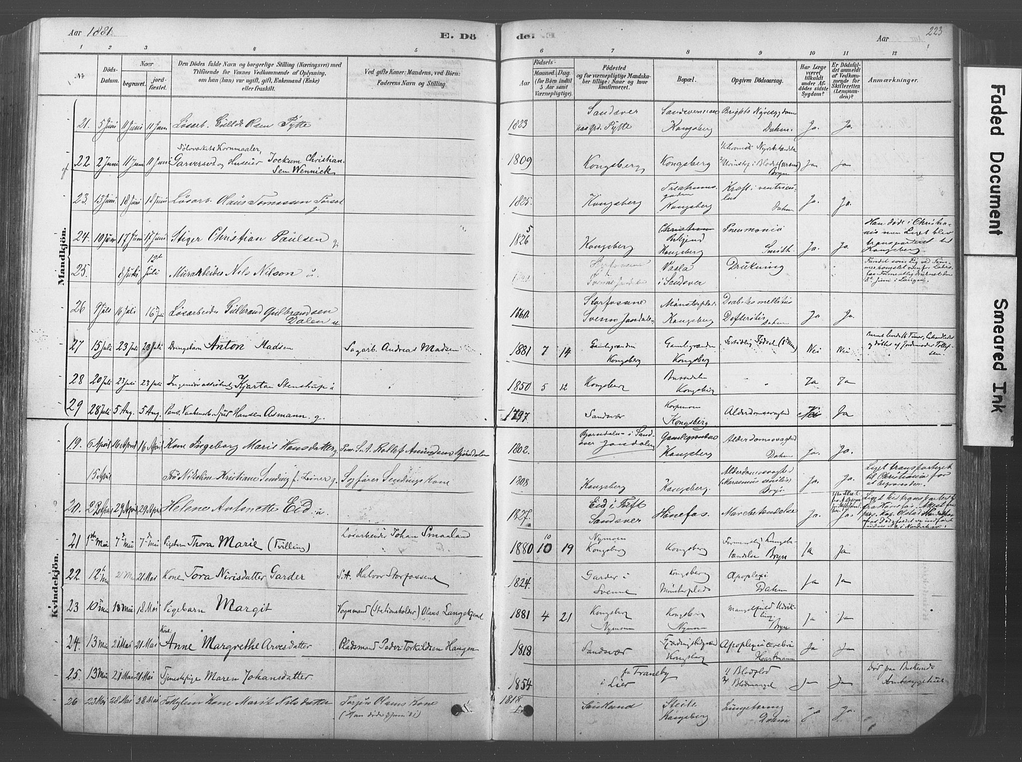 Kongsberg kirkebøker, SAKO/A-22/F/Fb/L0001: Parish register (official) no. II 1, 1878-1886, p. 223