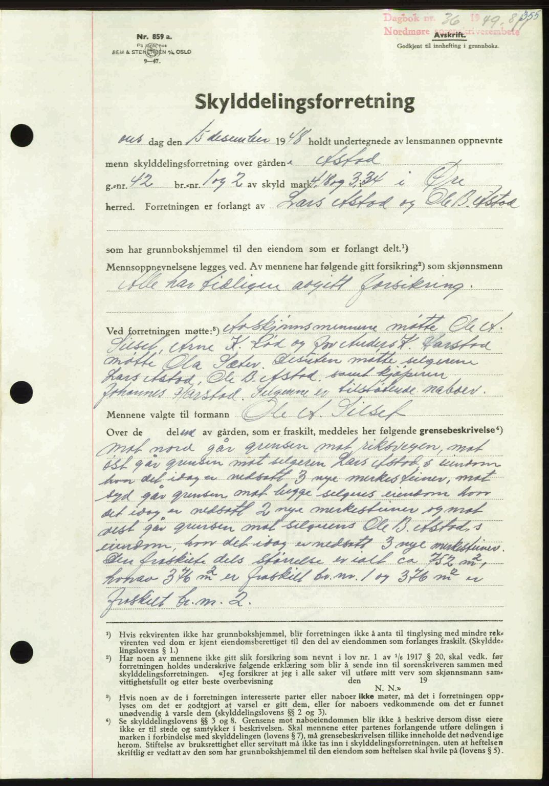 Nordmøre sorenskriveri, AV/SAT-A-4132/1/2/2Ca: Mortgage book no. A110, 1948-1949, Diary no: : 36/1949