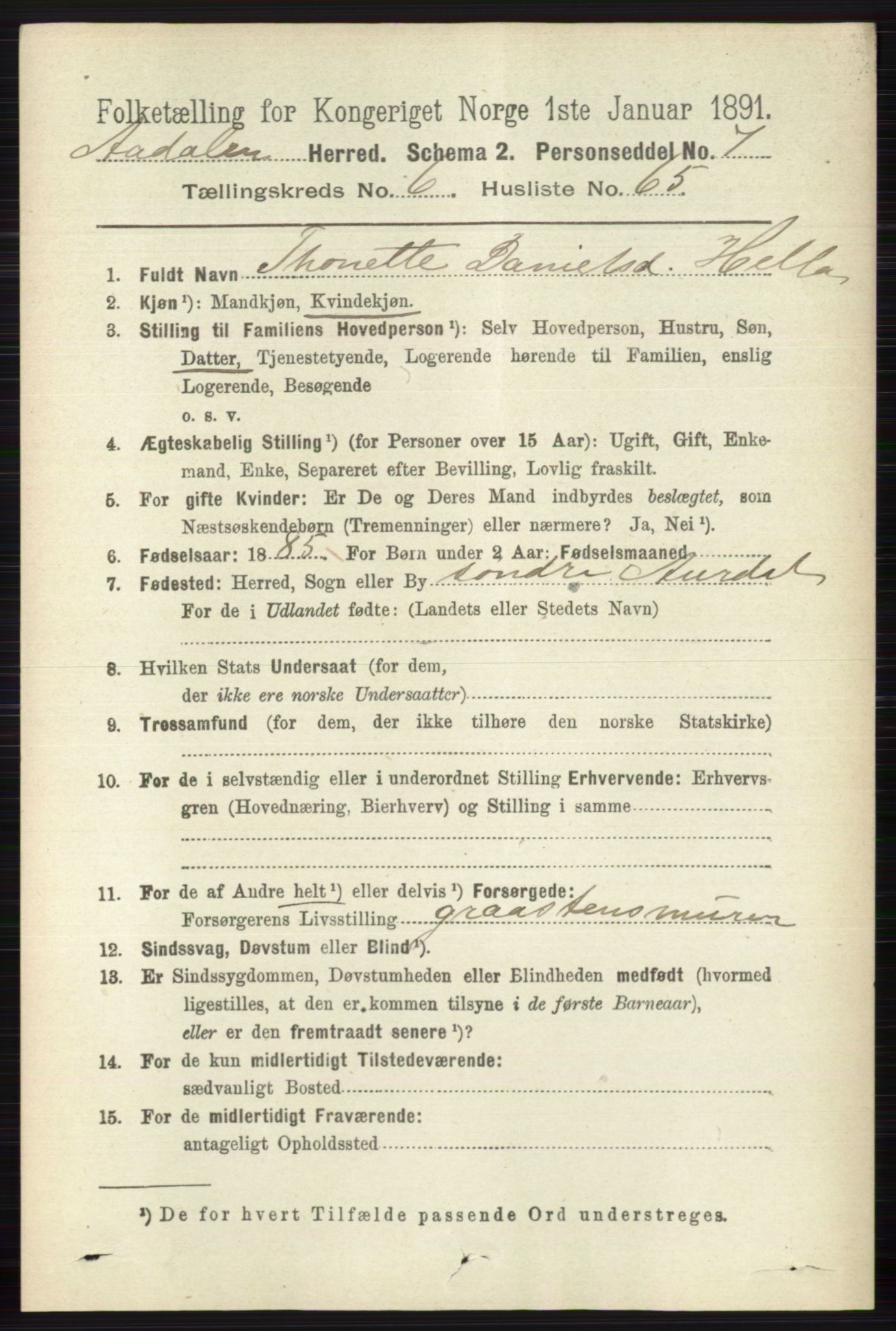 RA, 1891 census for 0614 Ådal, 1891, p. 3006