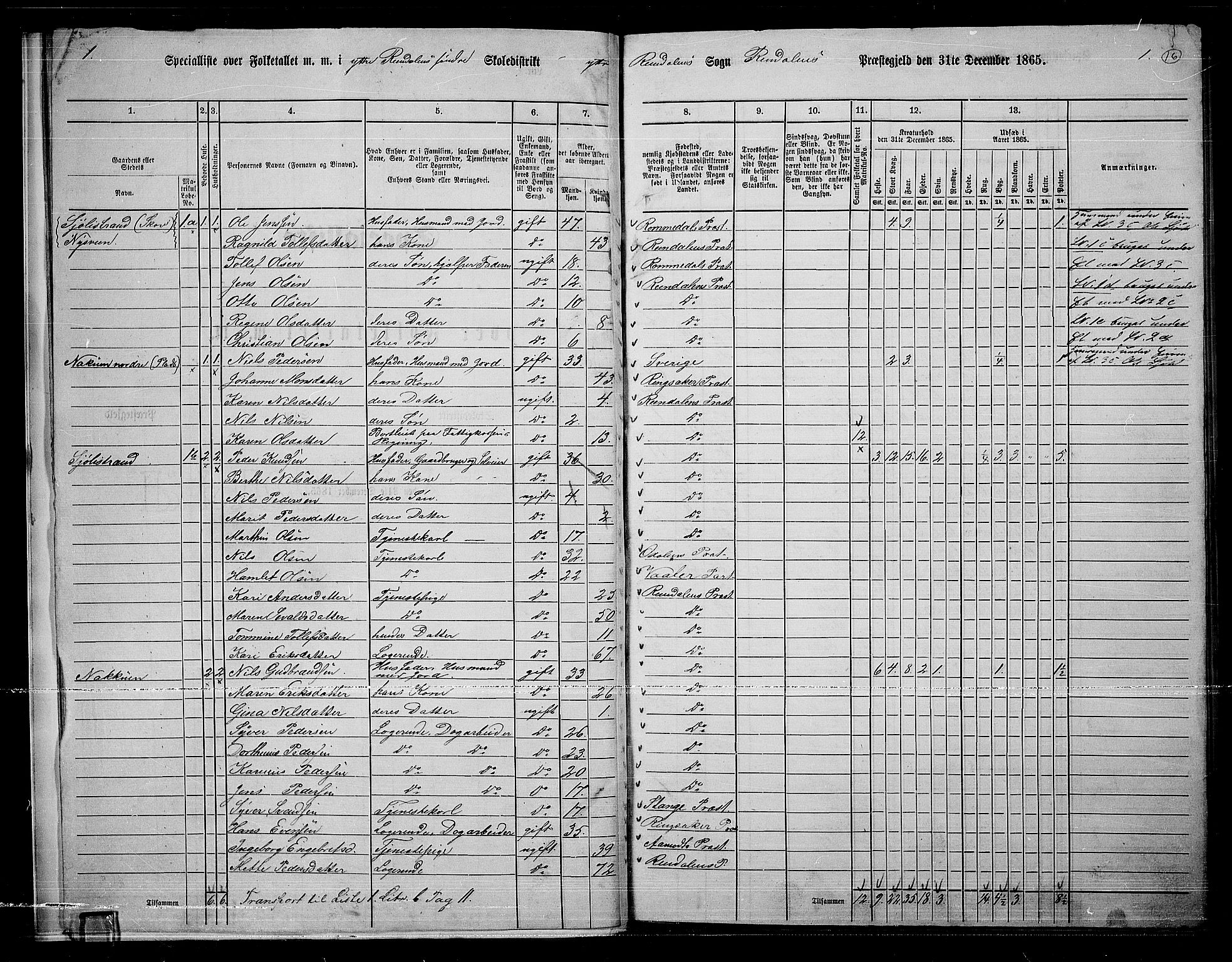 RA, 1865 census for Rendalen, 1865, p. 16