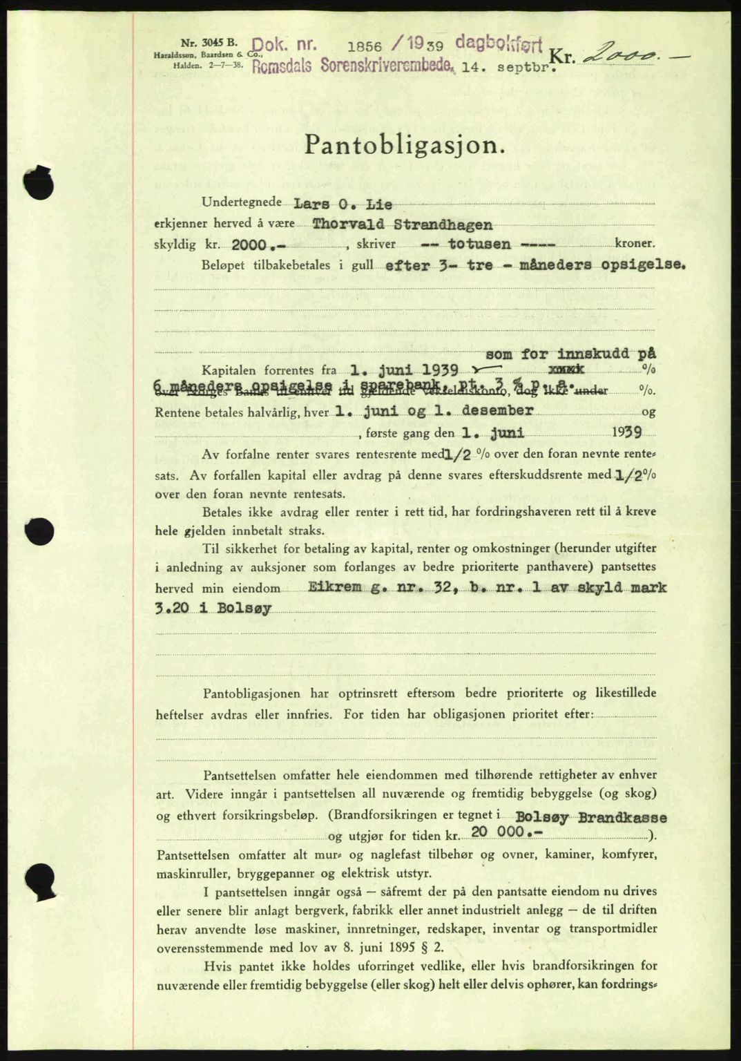 Romsdal sorenskriveri, AV/SAT-A-4149/1/2/2C: Mortgage book no. B2, 1939-1945, Diary no: : 1856/1939