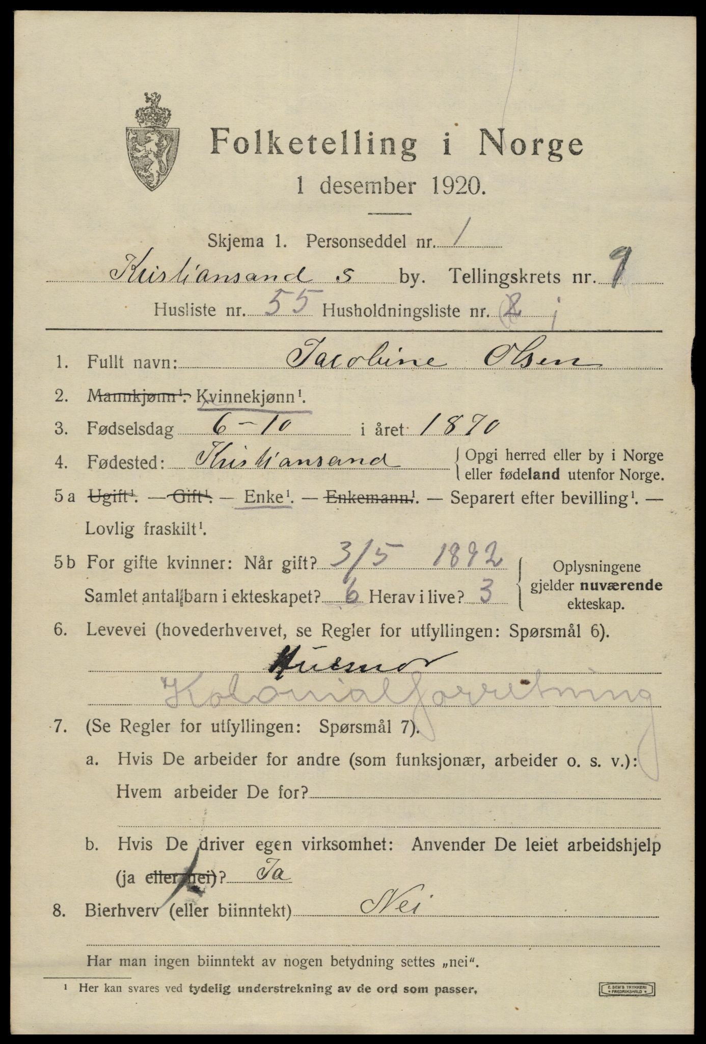 SAK, 1920 census for Kristiansand, 1920, p. 23593