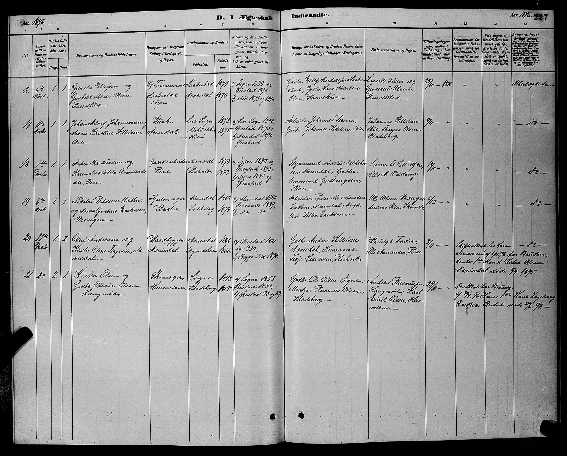 Øyestad sokneprestkontor, SAK/1111-0049/F/Fb/L0009: Parish register (copy) no. B 9, 1886-1896, p. 227