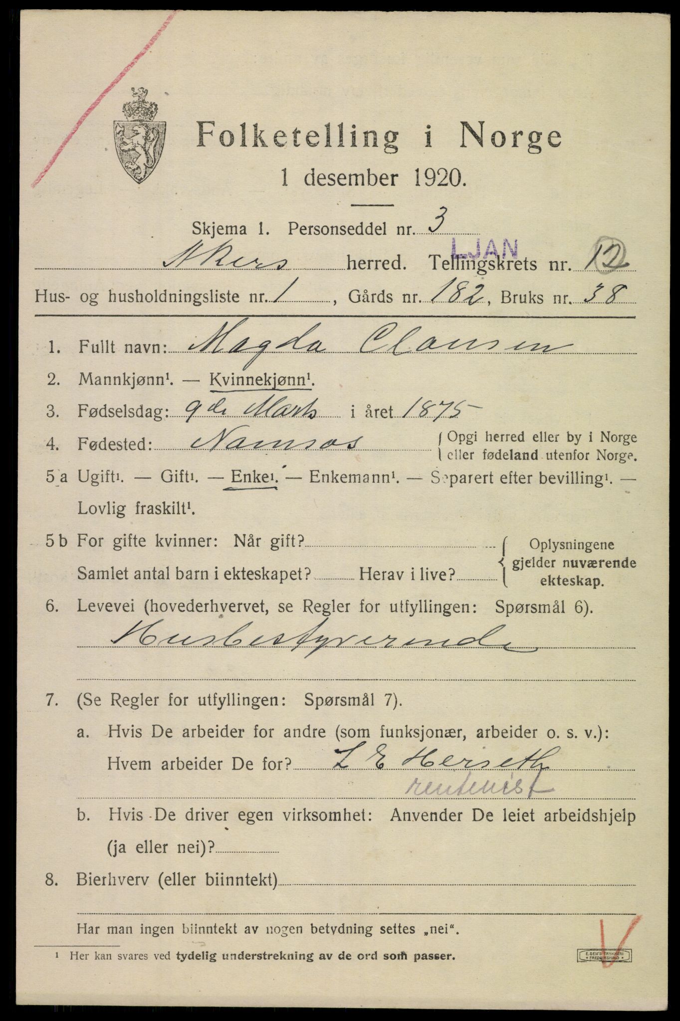 SAO, 1920 census for Aker, 1920, p. 73152