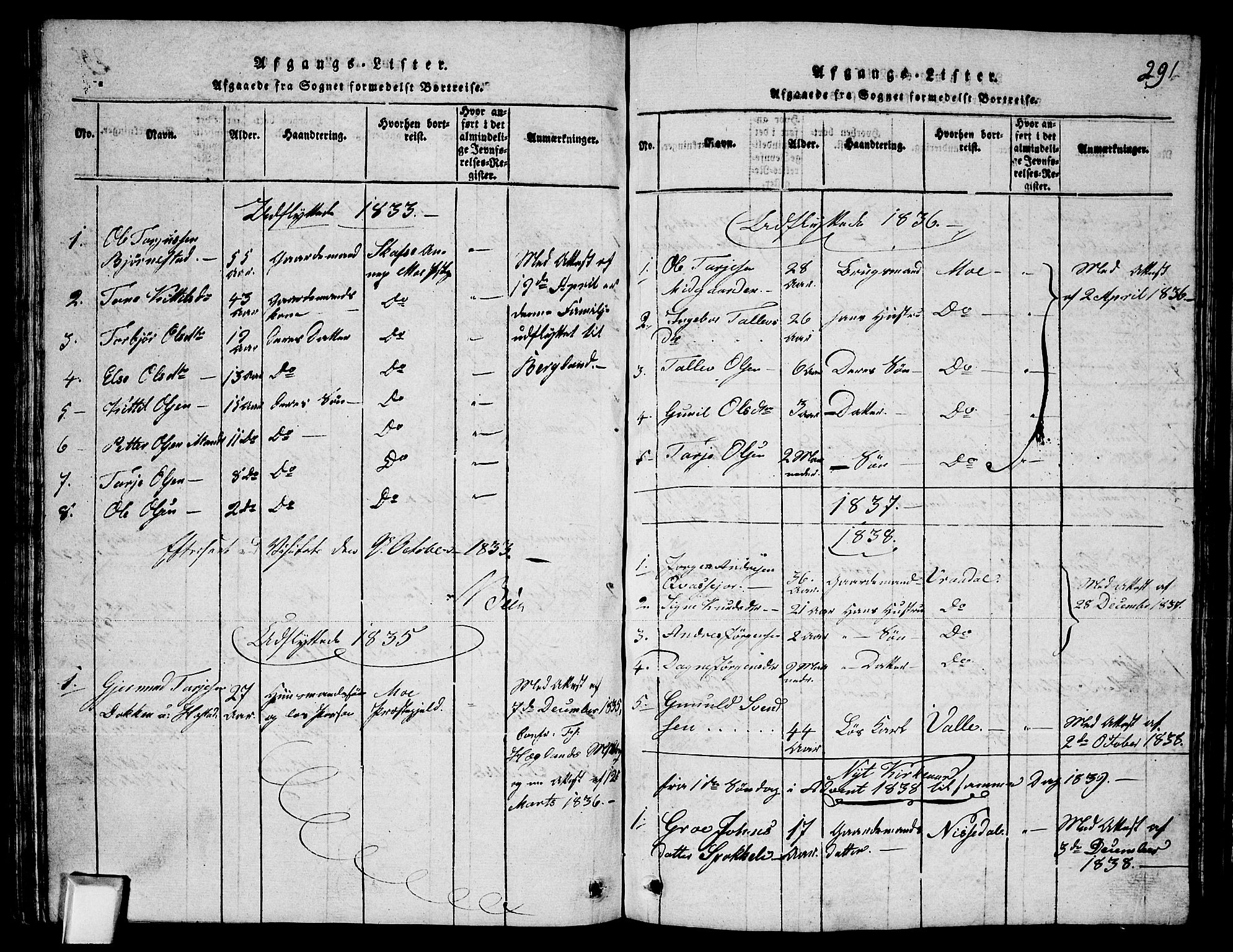 Fyresdal kirkebøker, SAKO/A-263/G/Ga/L0003: Parish register (copy) no. I 3, 1815-1863, p. 291