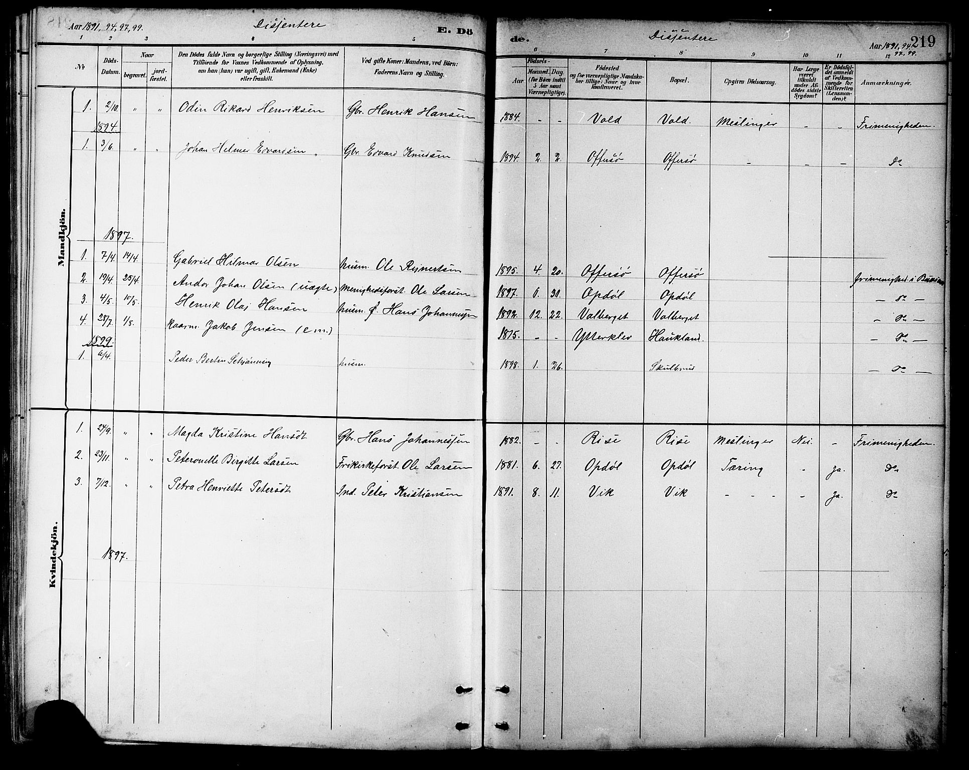 Ministerialprotokoller, klokkerbøker og fødselsregistre - Nordland, SAT/A-1459/881/L1167: Parish register (copy) no. 881C04, 1886-1899, p. 219