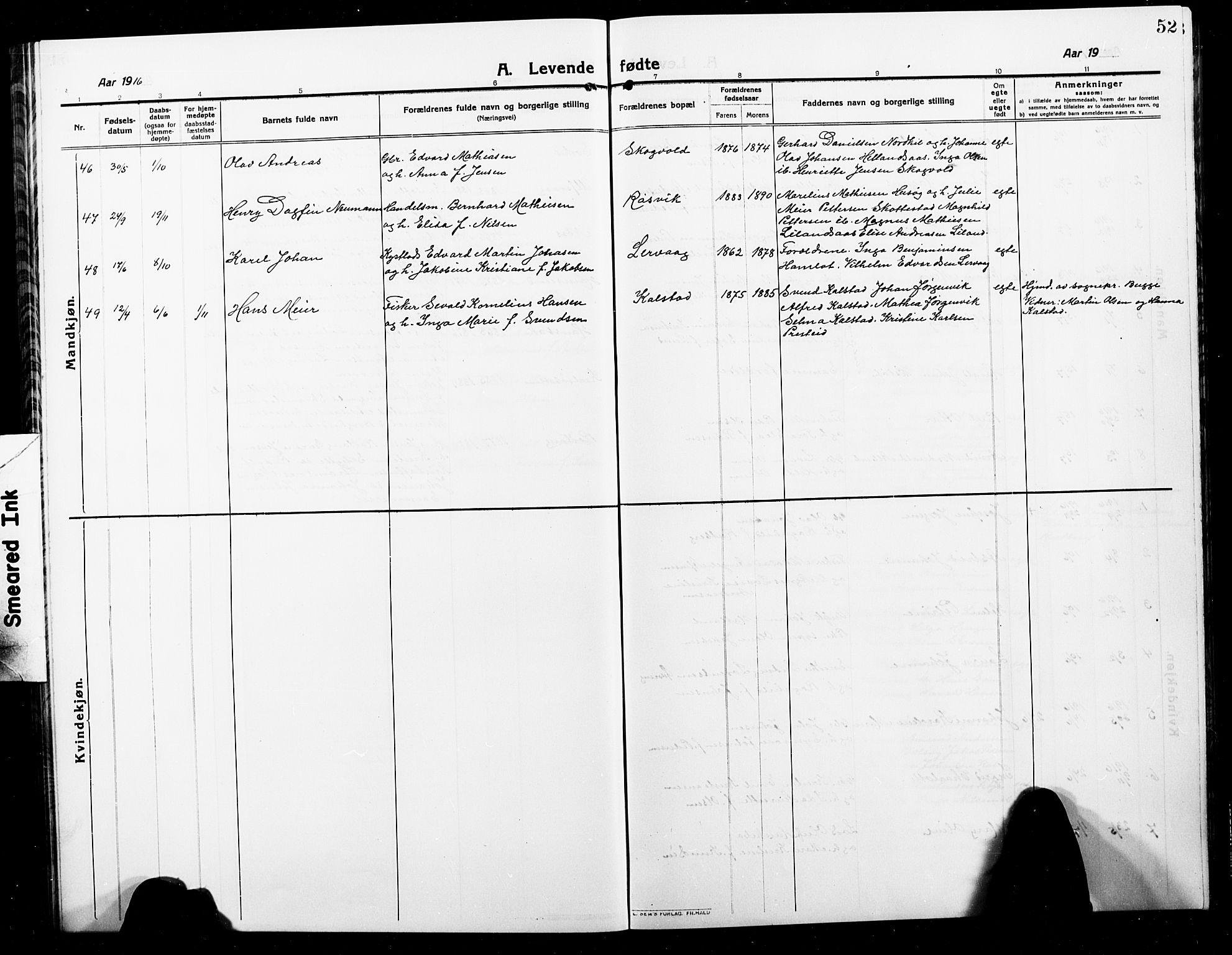 Ministerialprotokoller, klokkerbøker og fødselsregistre - Nordland, AV/SAT-A-1459/859/L0861: Parish register (copy) no. 859C07, 1910-1925, p. 52