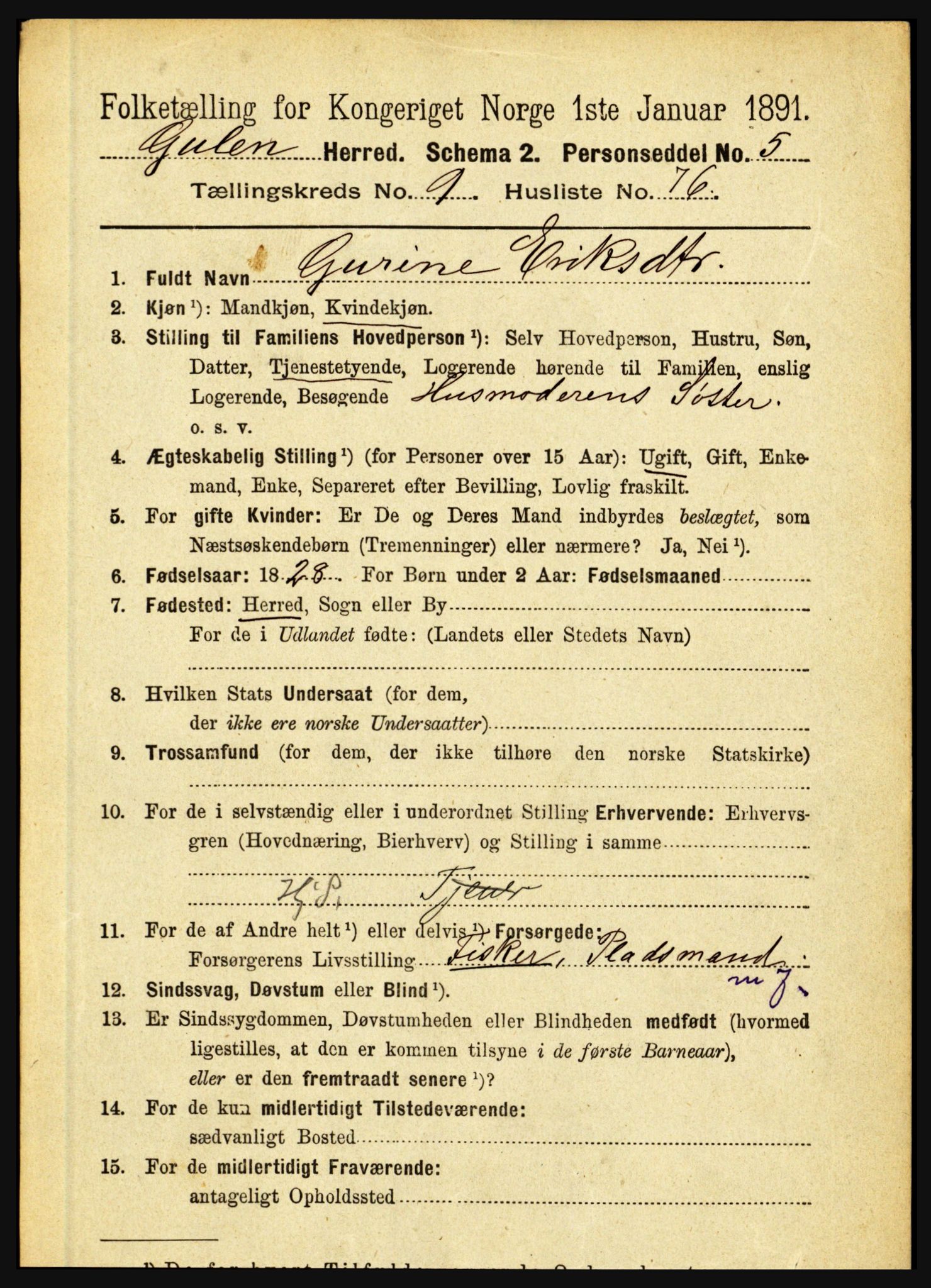 RA, 1891 census for 1411 Gulen, 1891, p. 3255