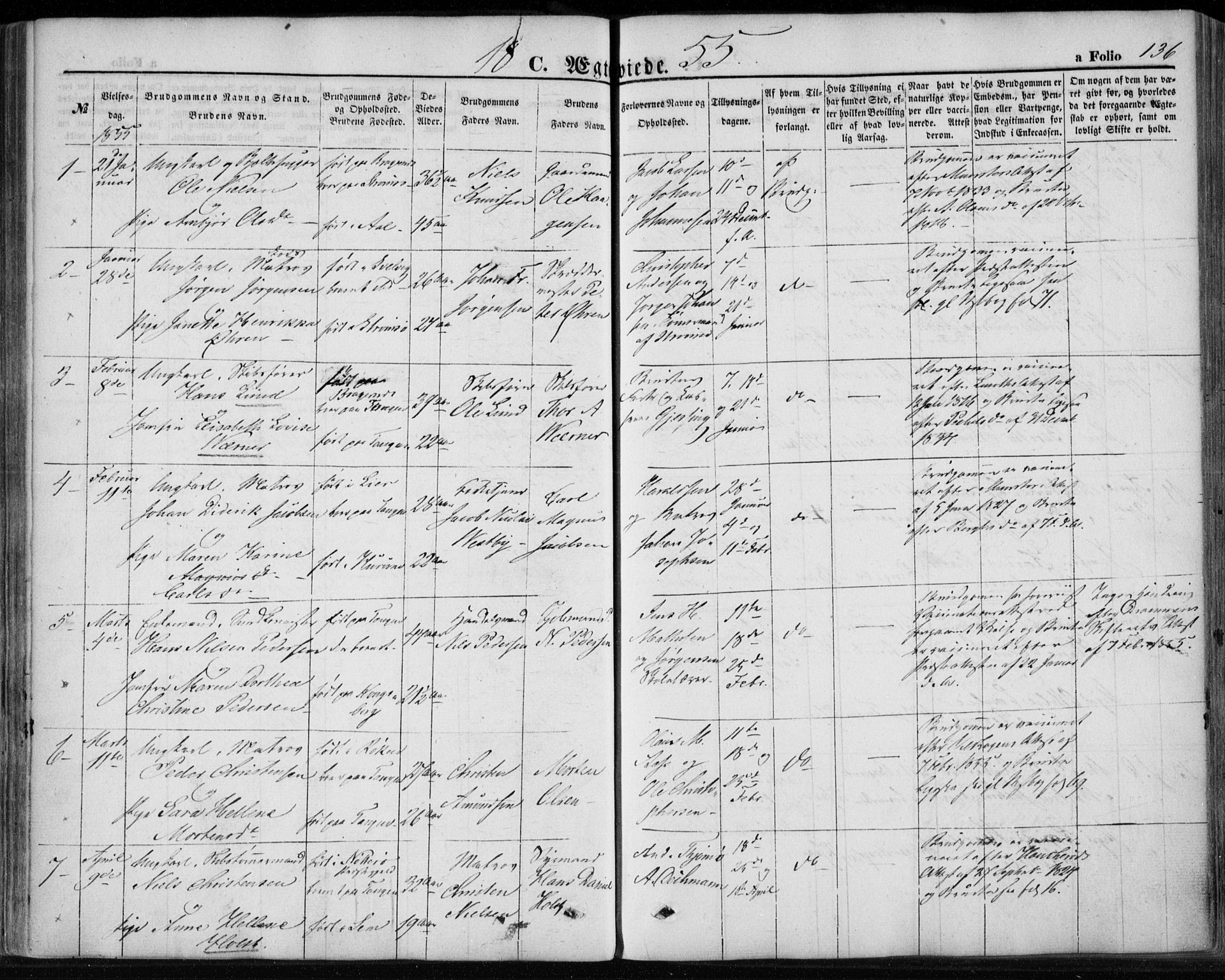 Strømsø kirkebøker, AV/SAKO-A-246/F/Fa/L0017: Parish register (official) no. I 17, 1848-1865, p. 136