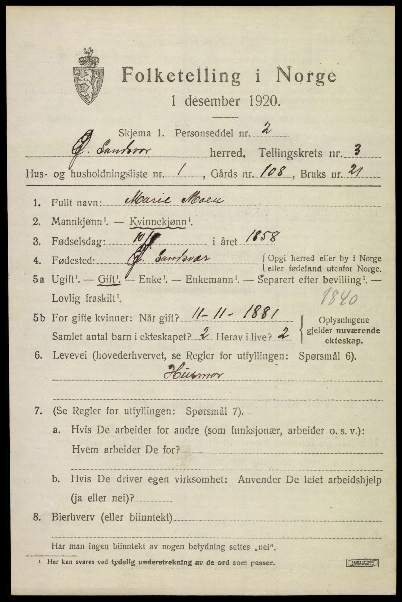 SAKO, 1920 census for Øvre Sandsvær, 1920, p. 1962