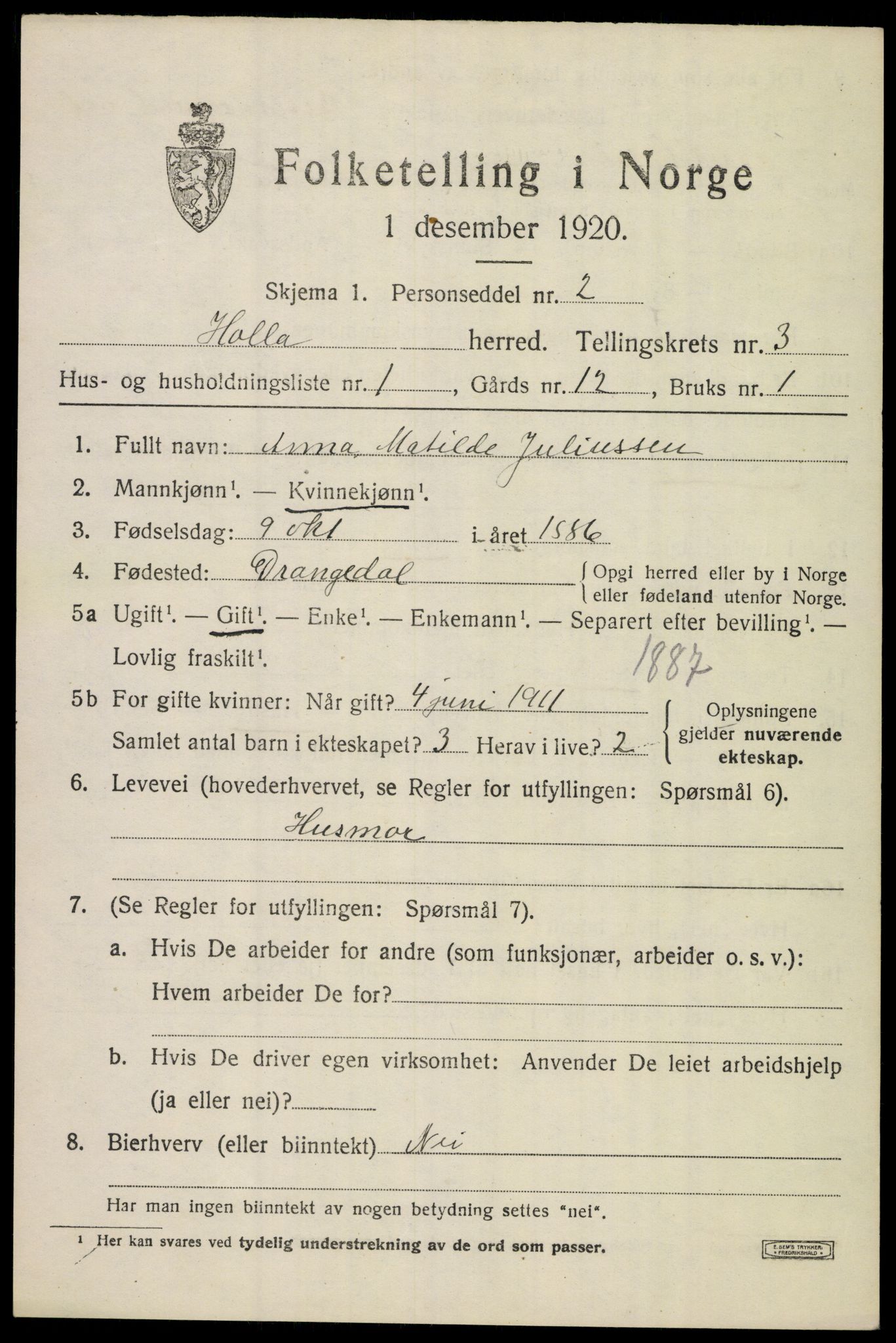 SAKO, 1920 census for Holla, 1920, p. 2595