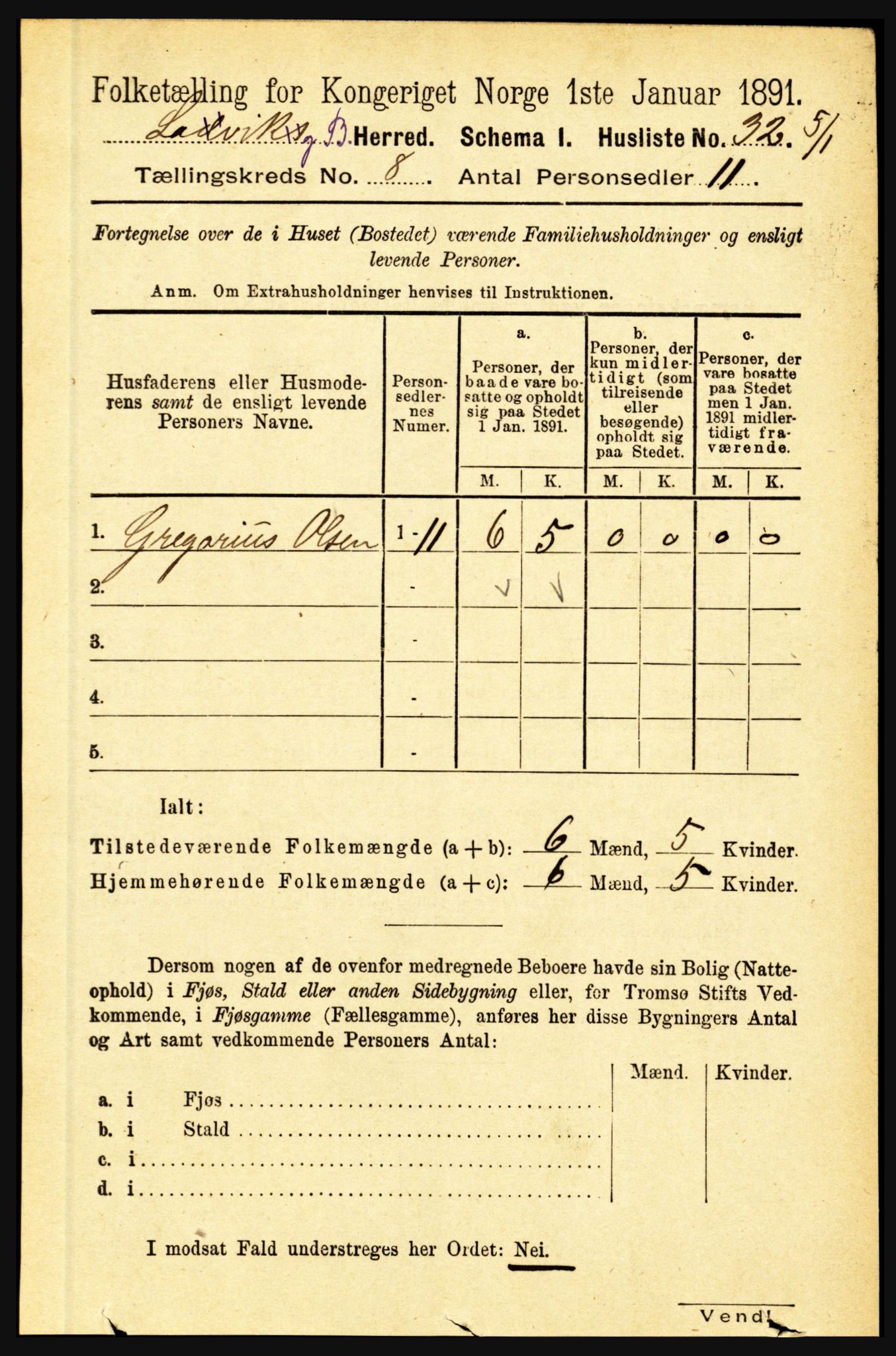 RA, 1891 census for 1415 Lavik og Brekke, 1891, p. 1494